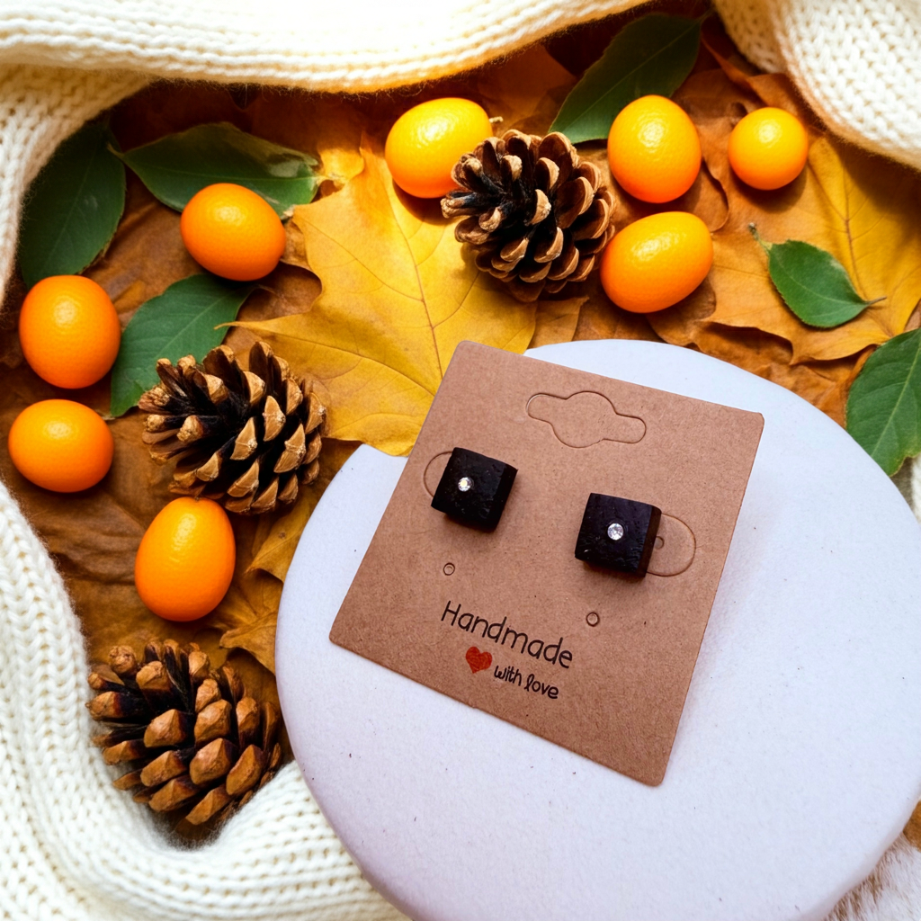 Handmade Bog Oak Stud Earrings with Cubic Zirconia