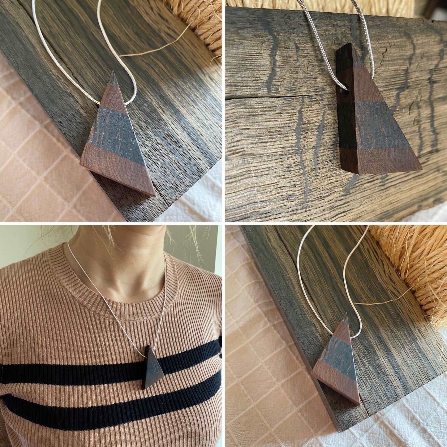 Irish Bog Oak & Yew Triangle Pendant Necklace on Silver Plated Chain - Handmade