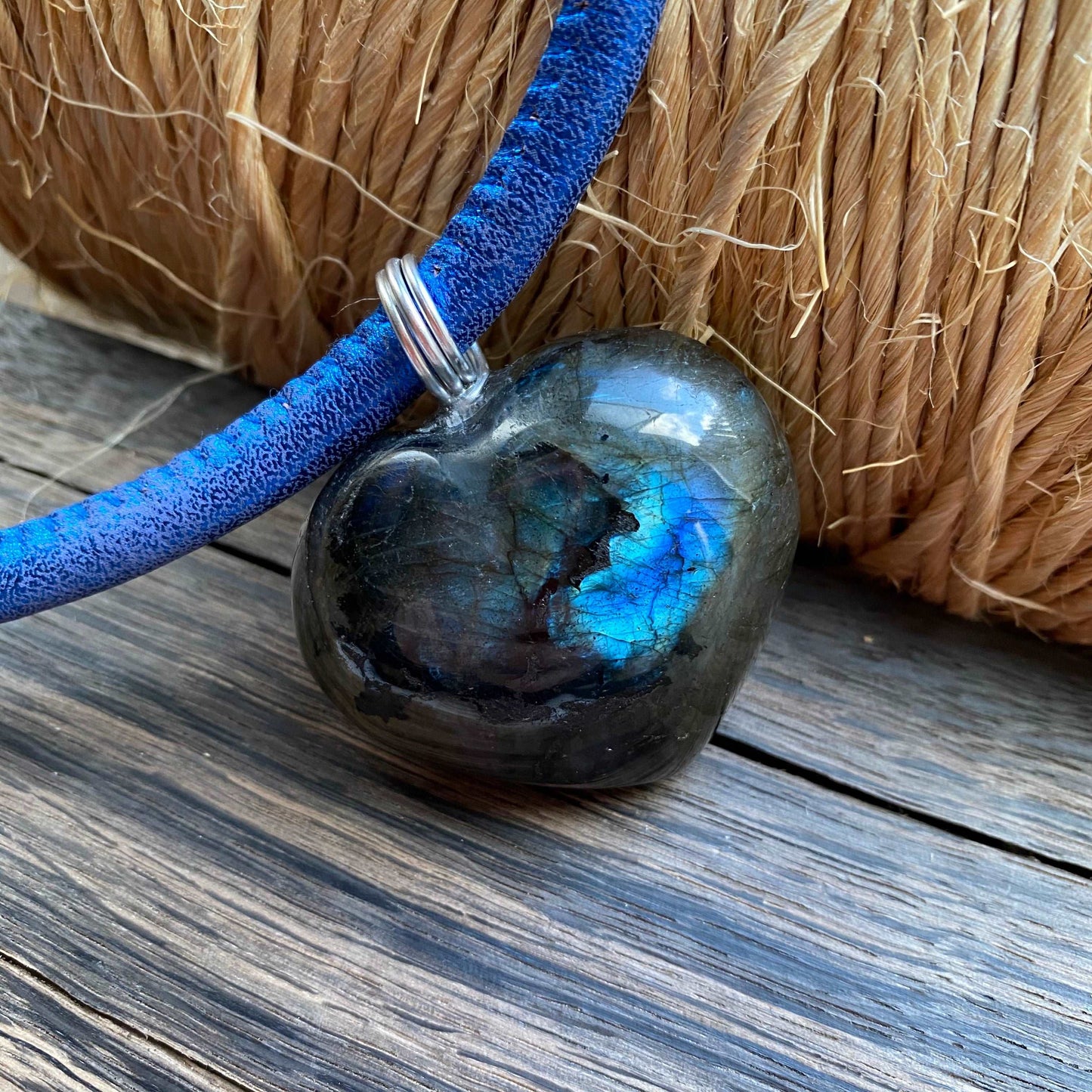 Heart Shaped Labradorite Crystal Necklace With Eco Leather Cord - Handmade