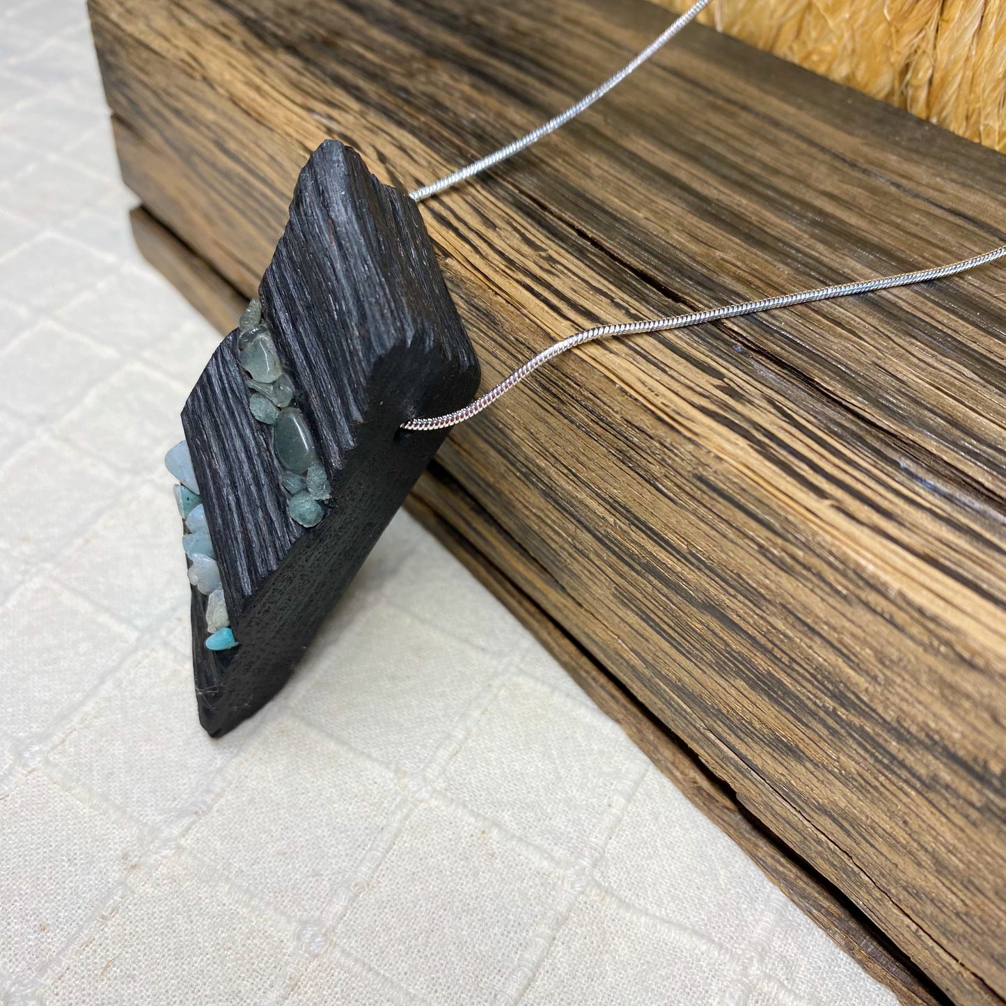 Irish Bog Oak Carved Pendant with Green Aventurine and Amazonite Detail - Handmade