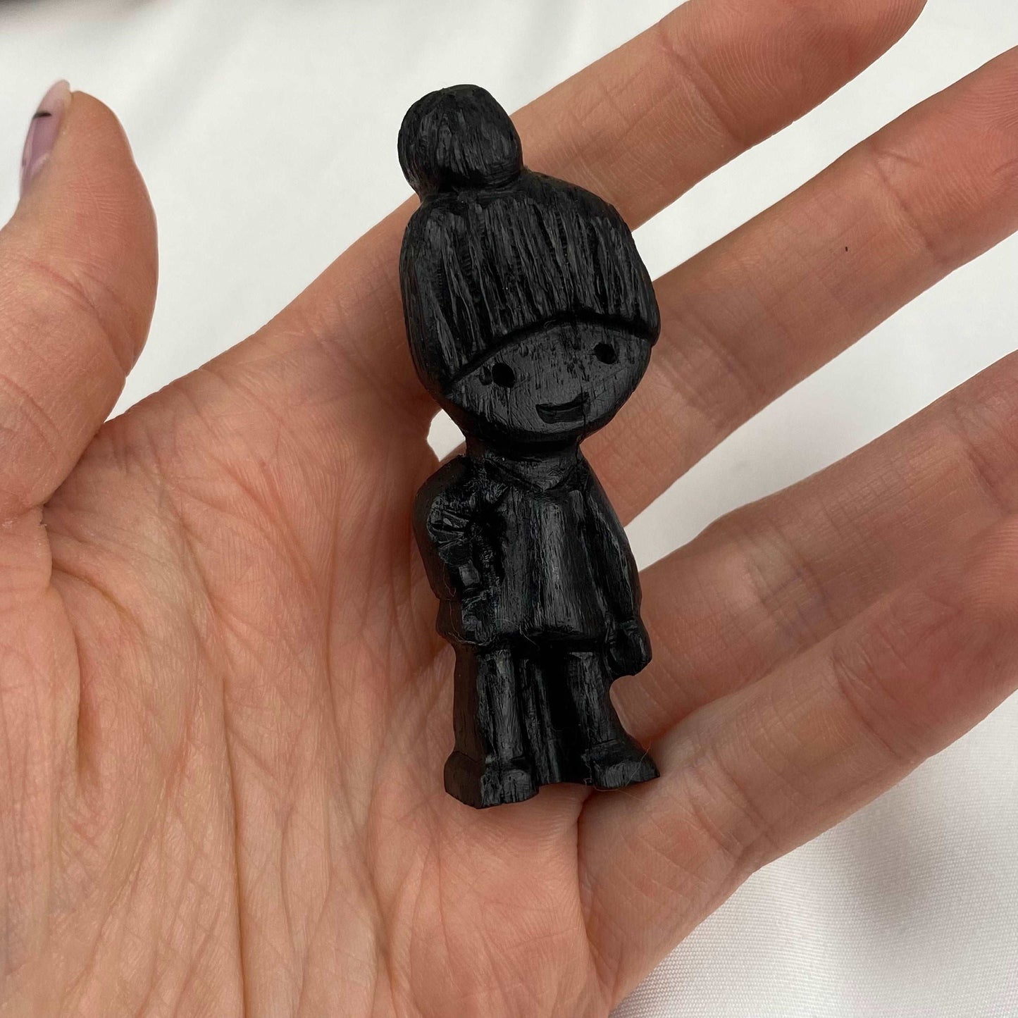 Irish Bog Oak Carved Doll Brooch | Handmade