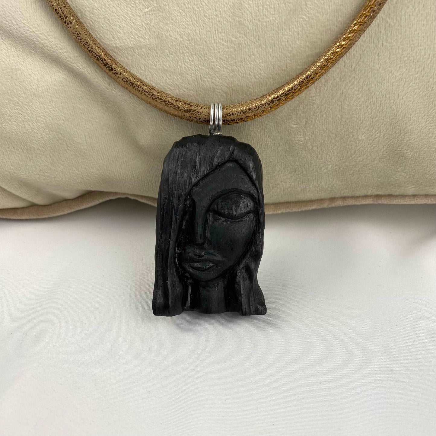 Irish Bog Oak Carved Female Face Necklace Gift - Handmade