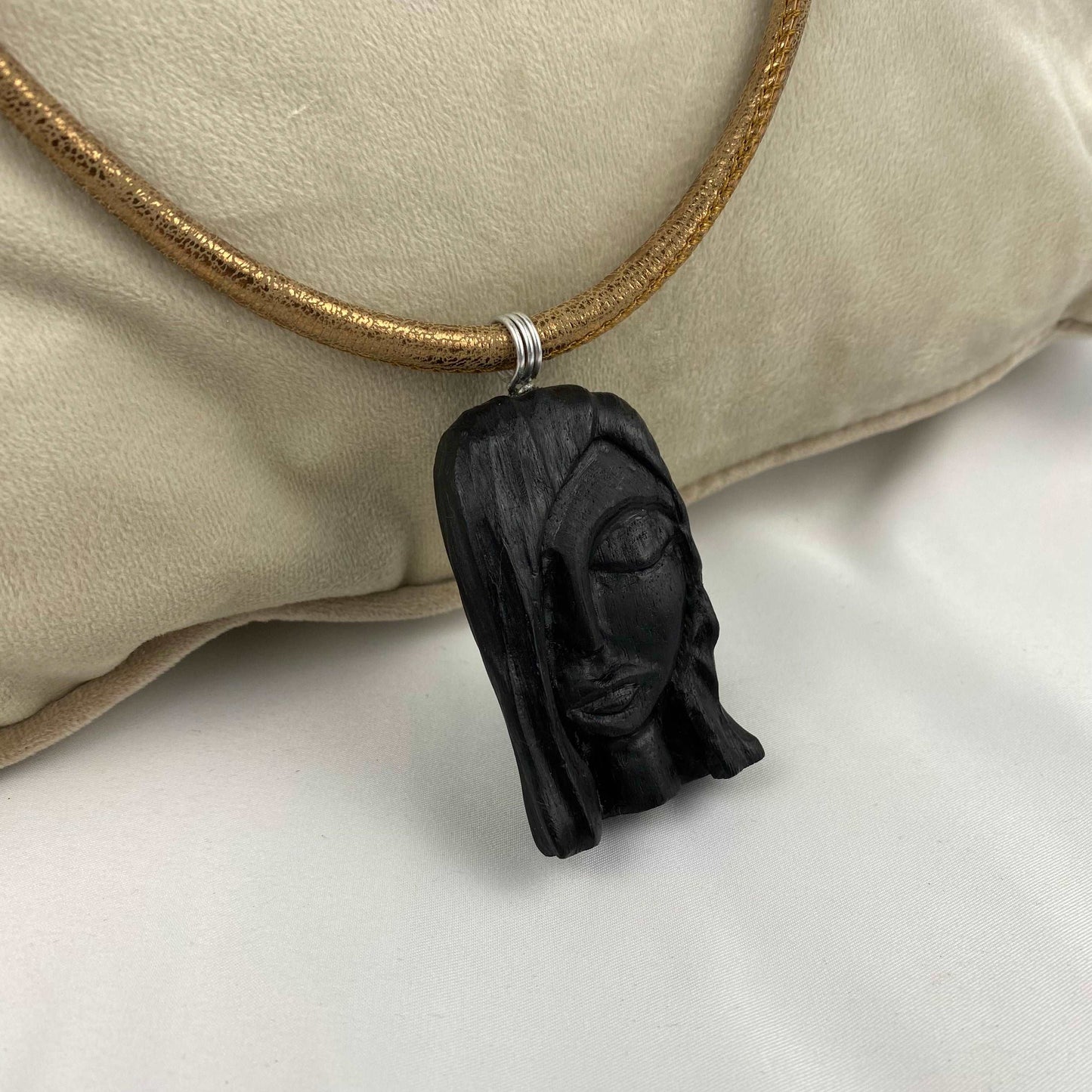Irish Bog Oak Carved Female Face Necklace Gift - Handmade