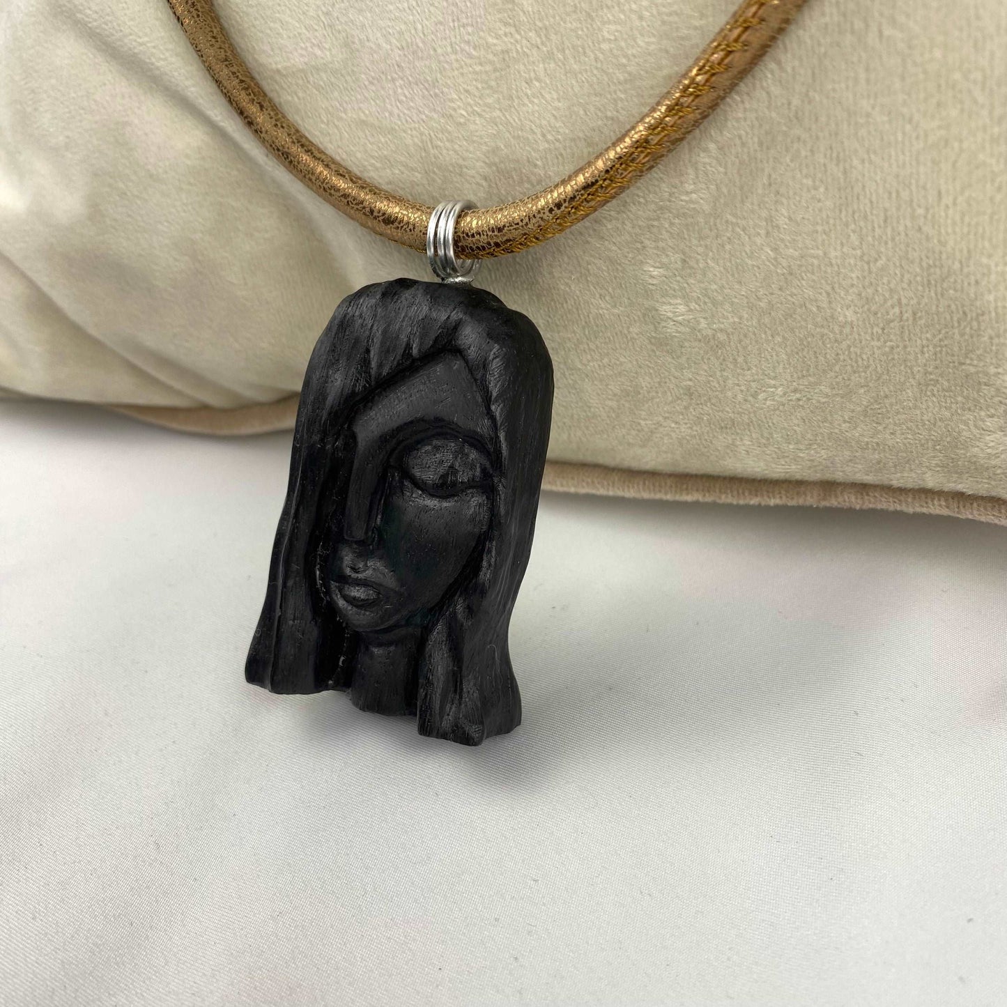 Irish Bog Oak Carved Female Face Necklace Gift - Handmade