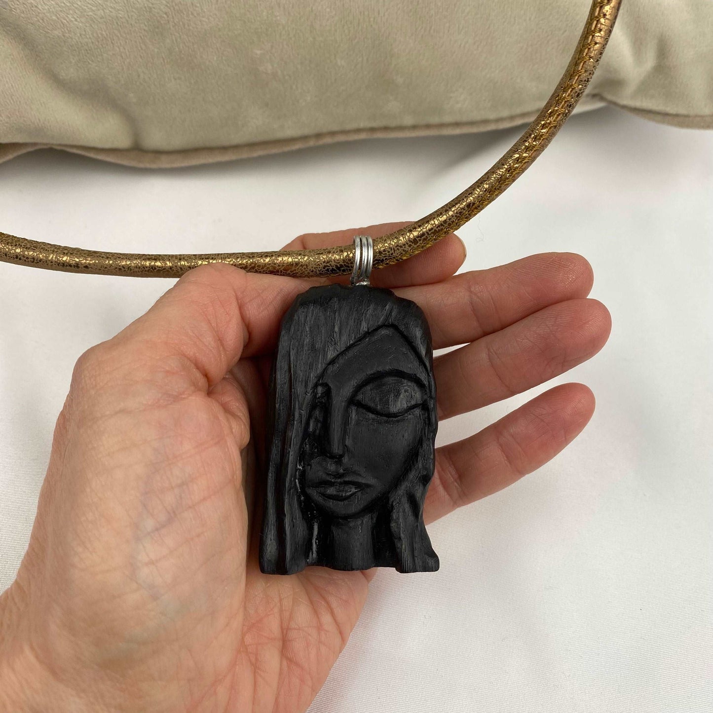 Irish Bog Oak Carved Female Face Necklace Gift - Handmade