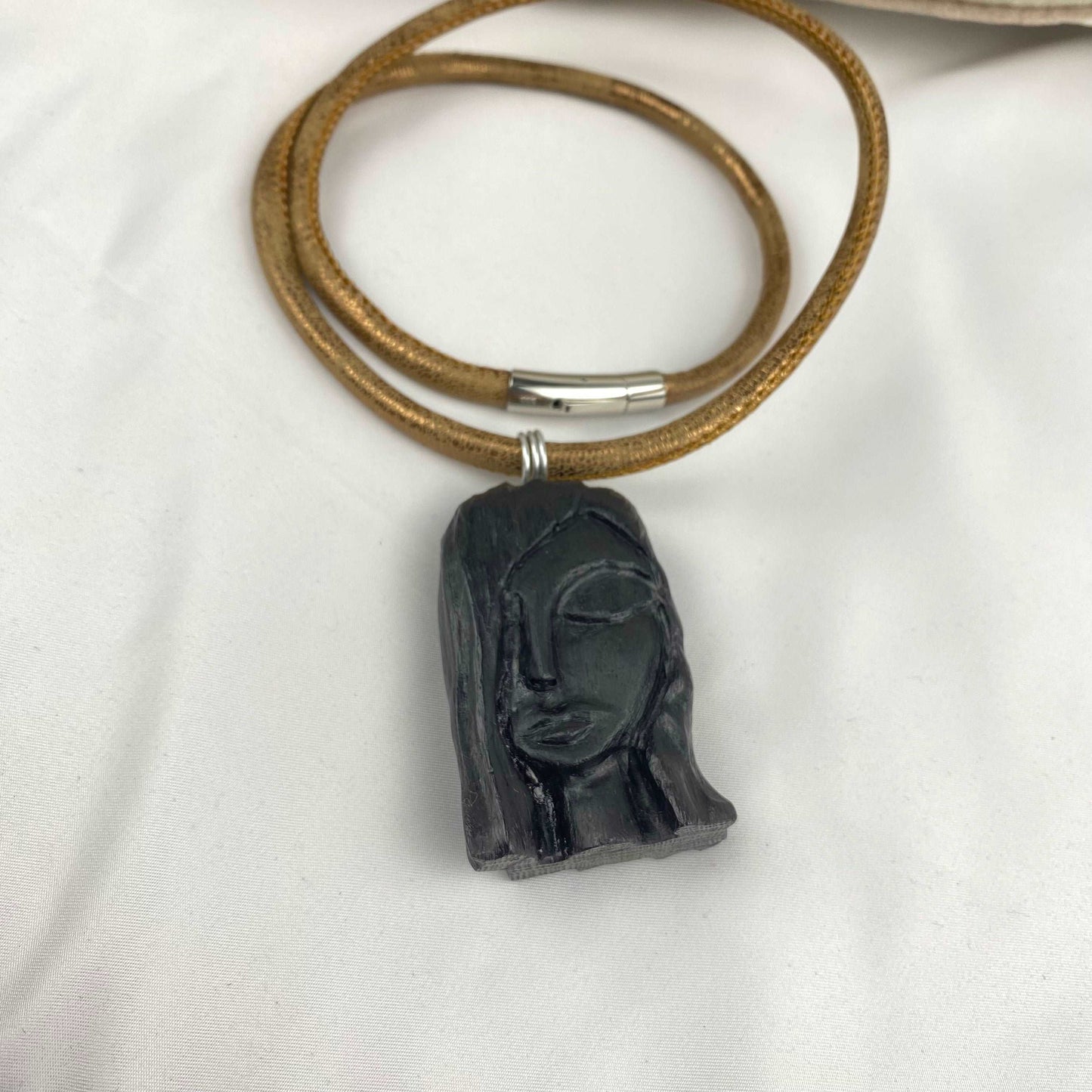 Irish Bog Oak Carved Female Face Necklace Gift - Handmade