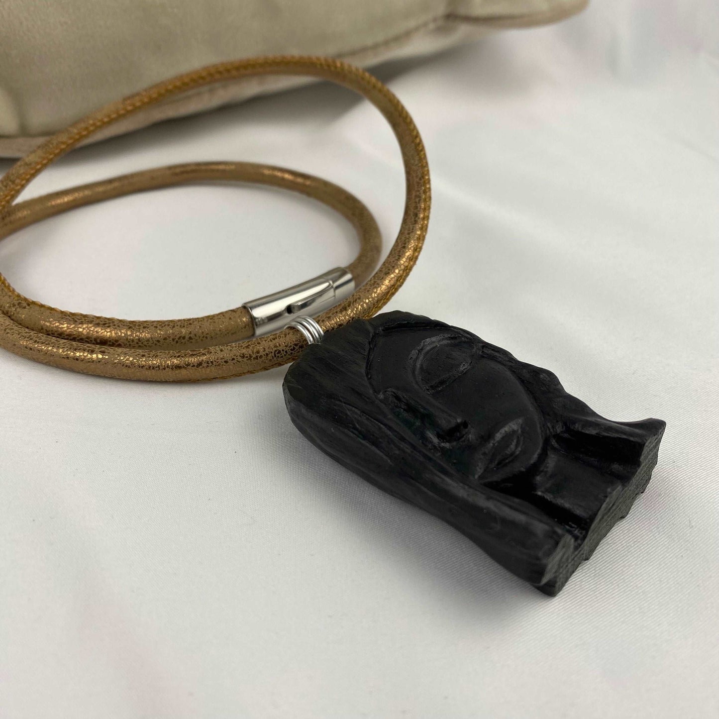 Irish Bog Oak Carved Female Face Necklace Gift - Handmade