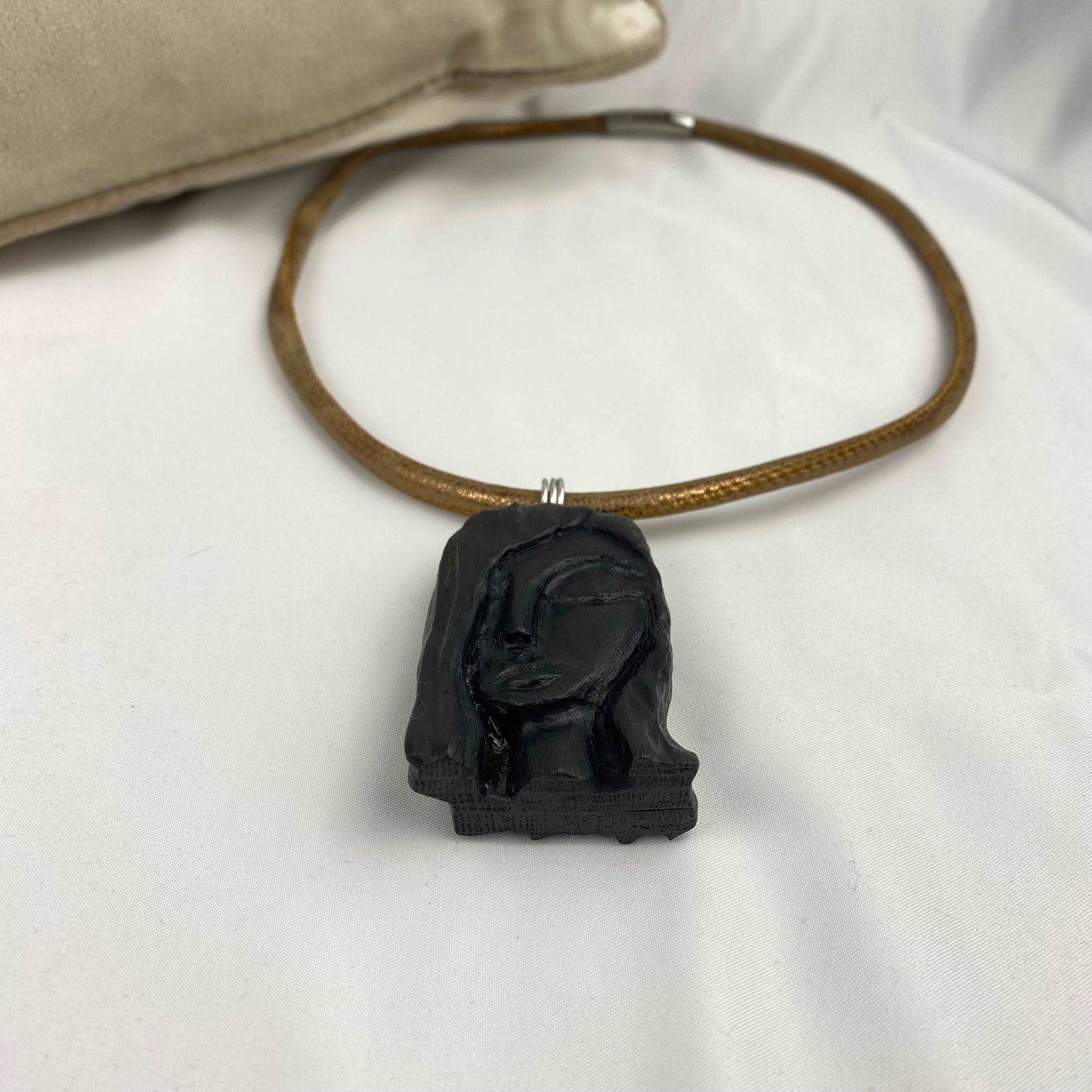 Irish Bog Oak Carved Female Face Necklace Gift - Handmade