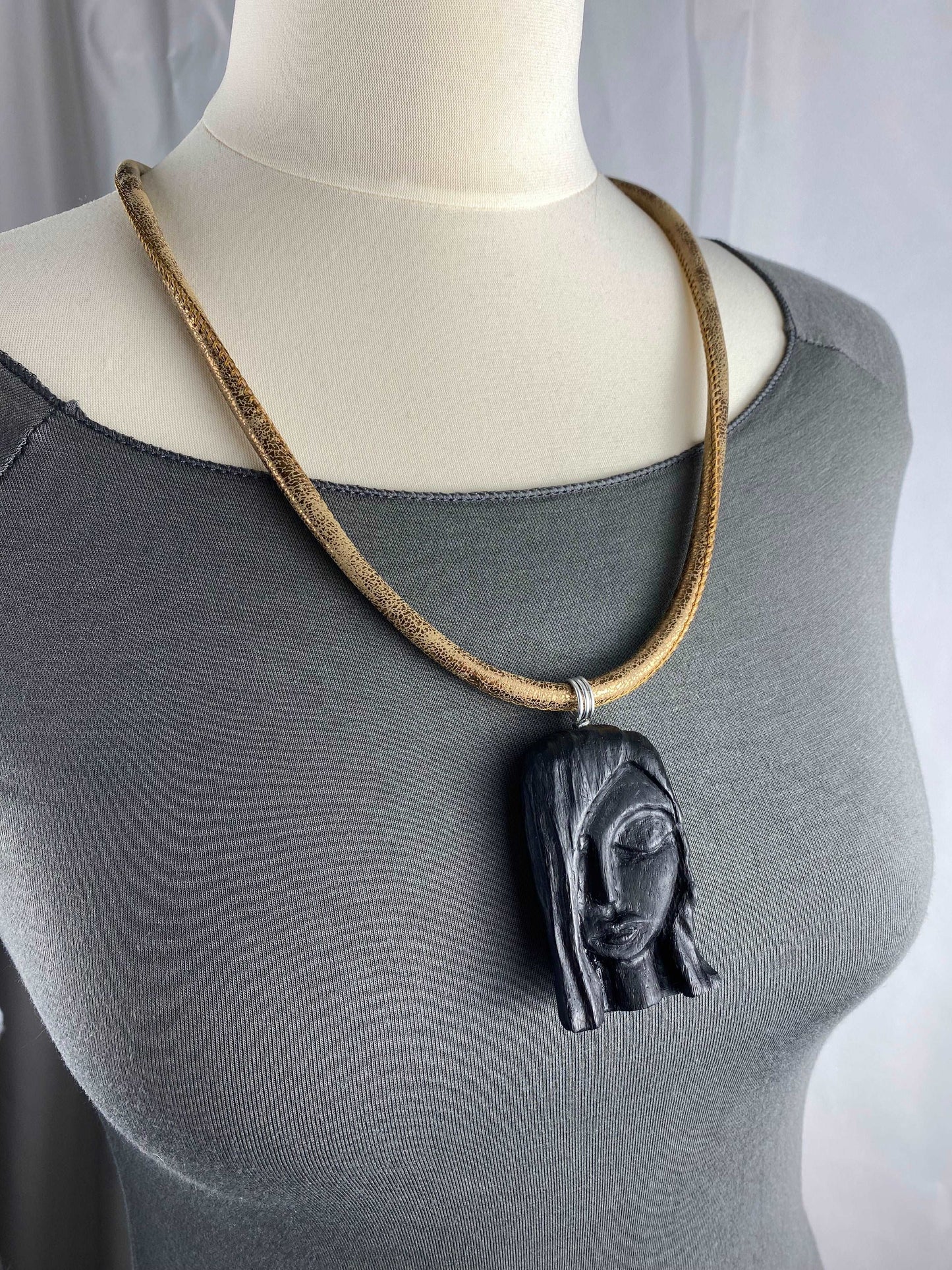 Irish Bog Oak Carved Female Face Necklace Gift - Handmade