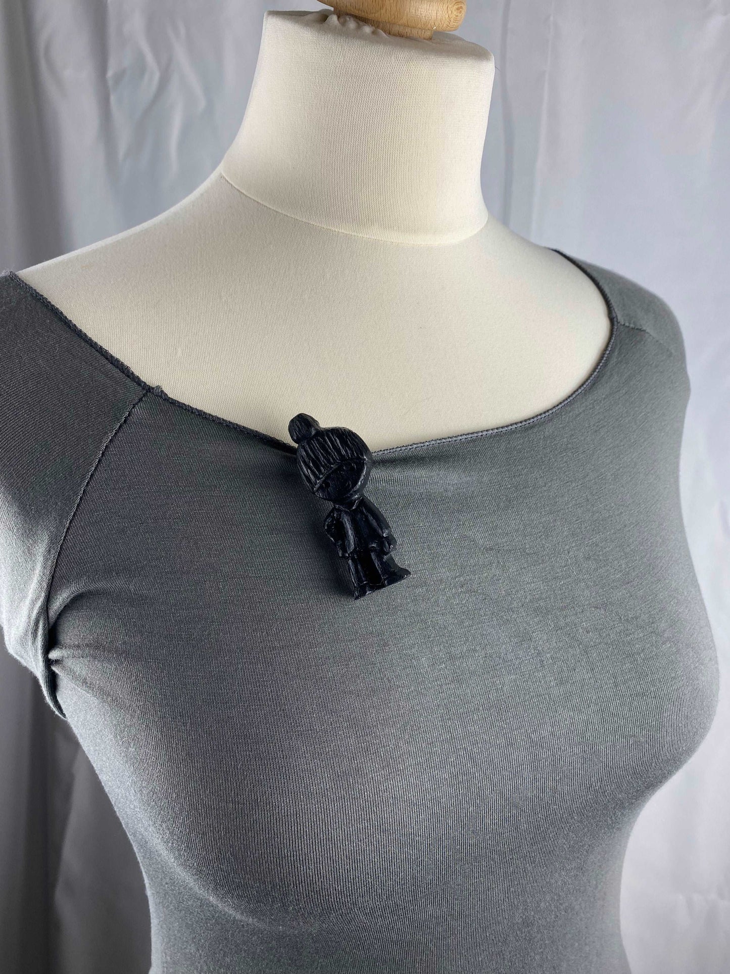 Irish Bog Oak Carved Doll Brooch | Handmade