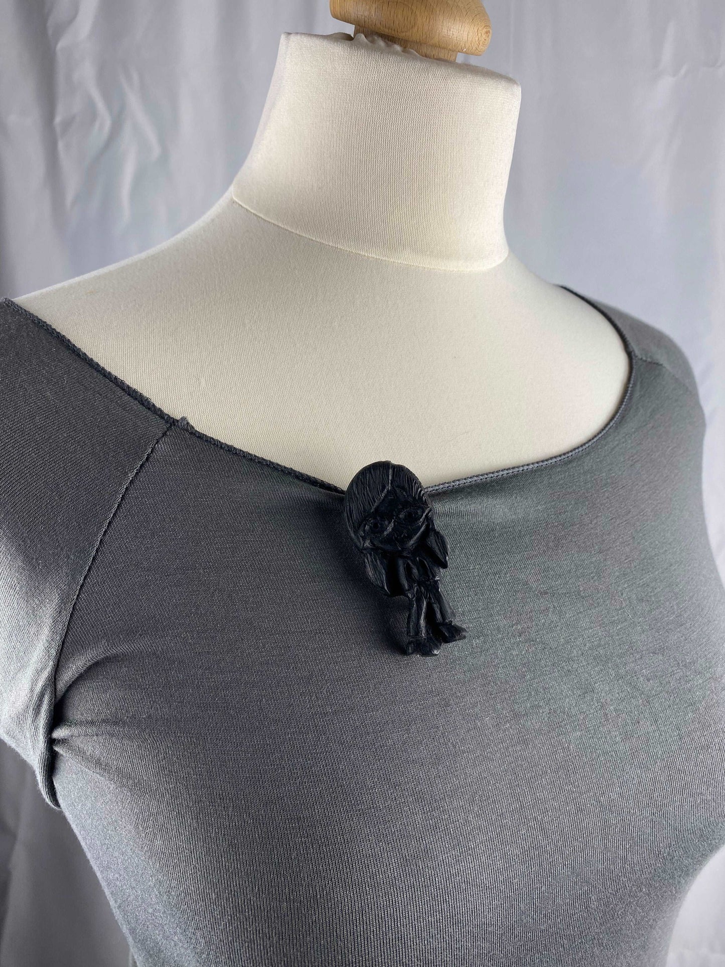 Irish Bog Oak Carved Doll Brooch | Handmade