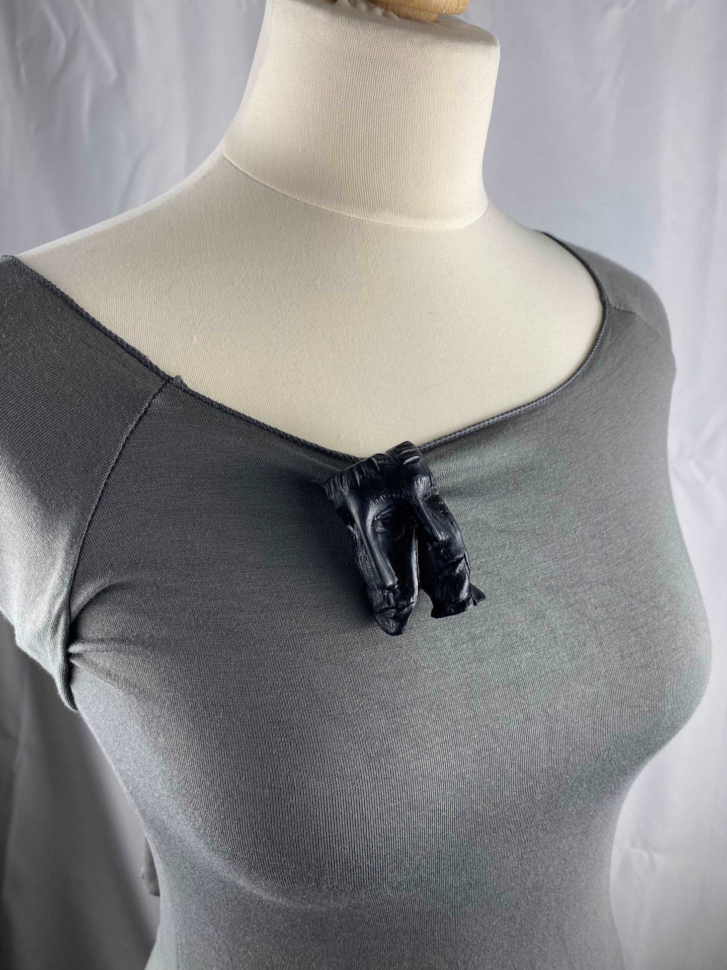 Irish Bog Oak Carved Faces Brooch | Handmade