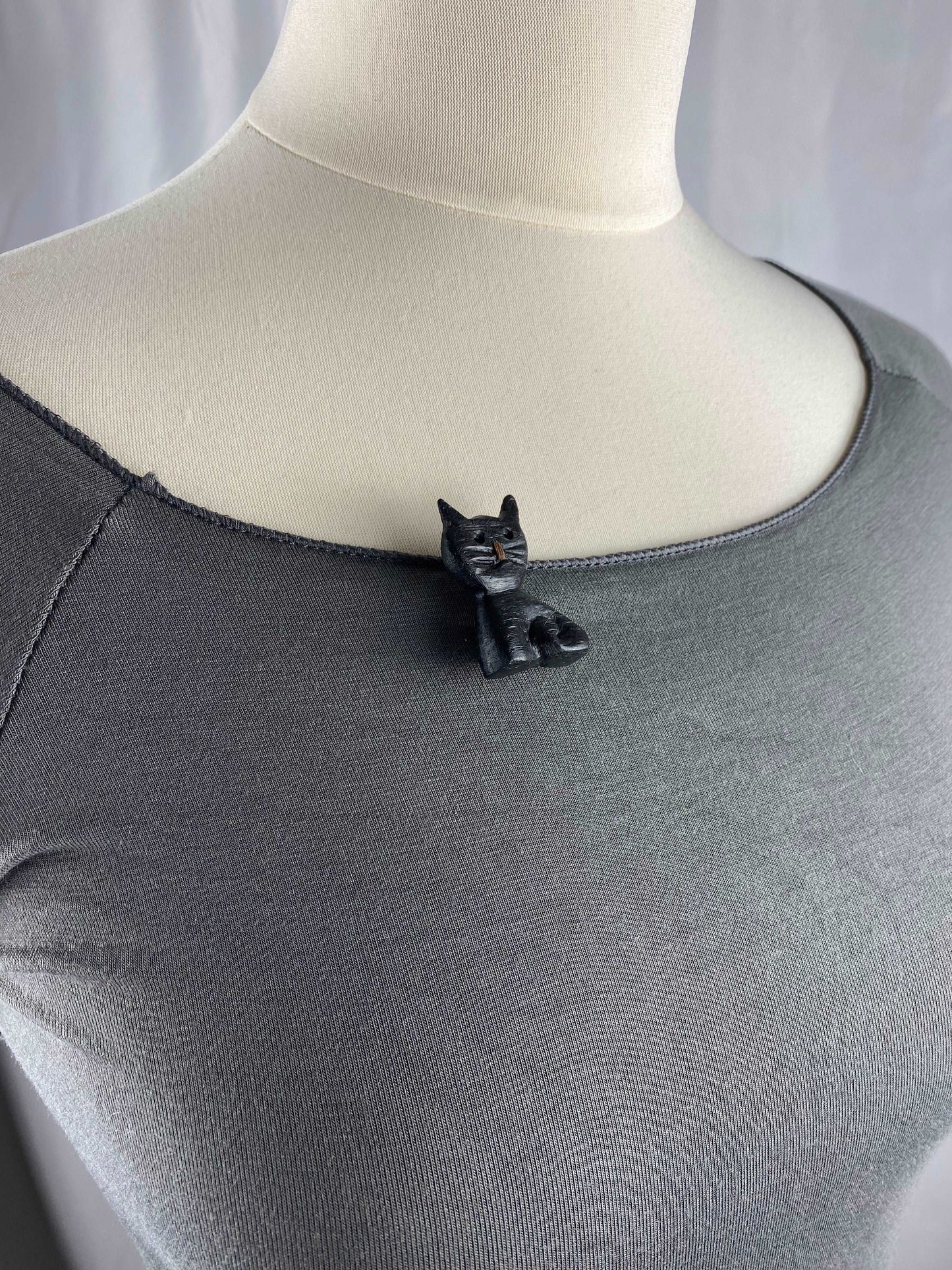 Irish Bog Oak Carved Cat Brooch | Handmade