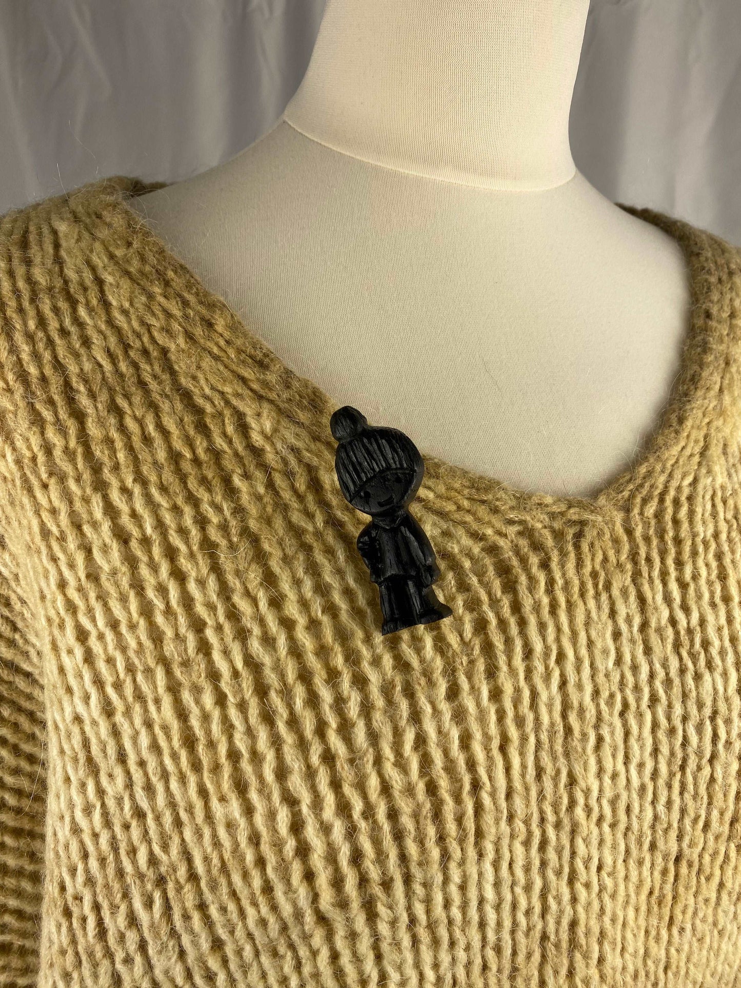 Irish Bog Oak Carved Doll Brooch | Handmade