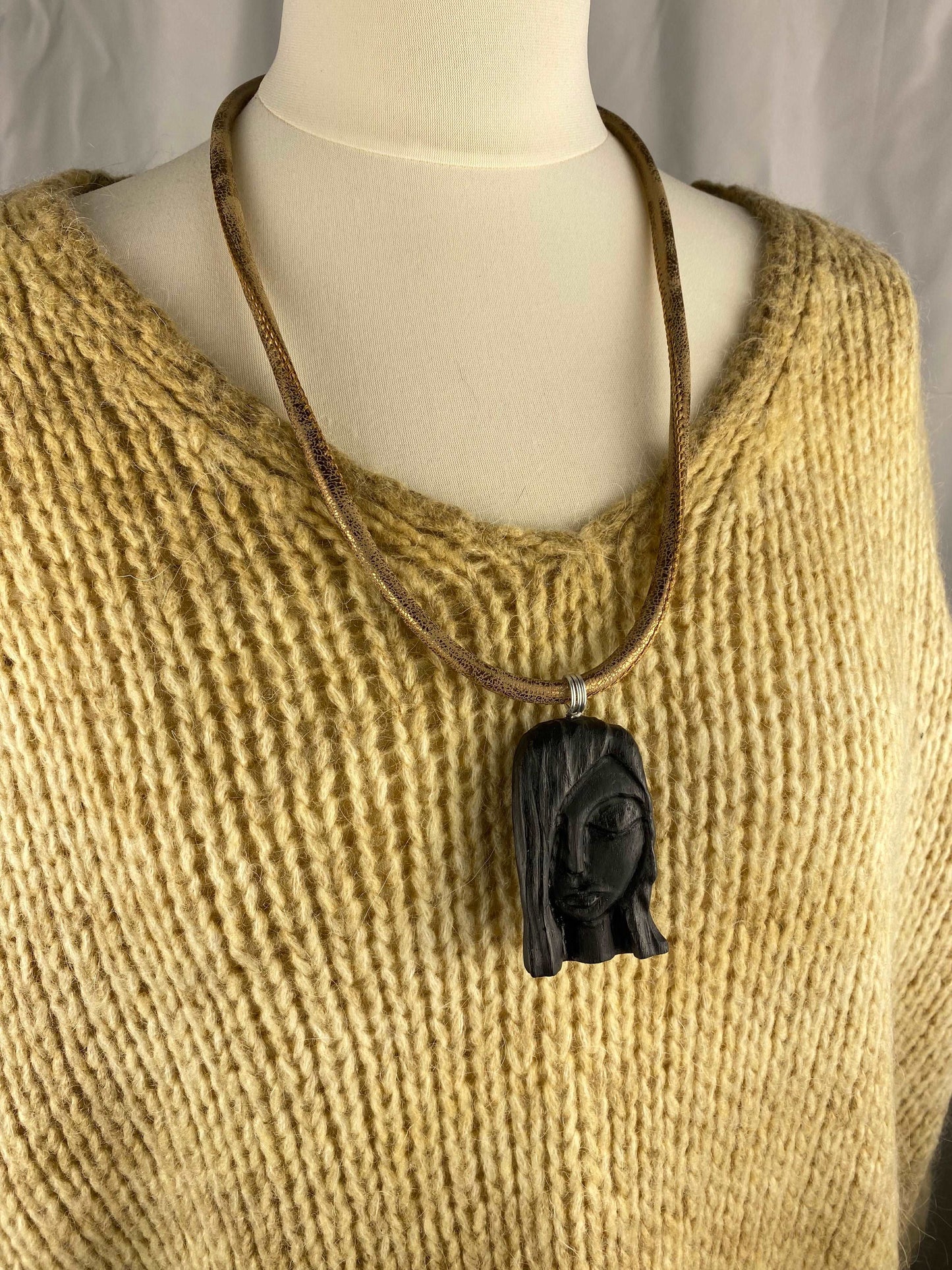 Irish Bog Oak Carved Female Face Necklace Gift - Handmade