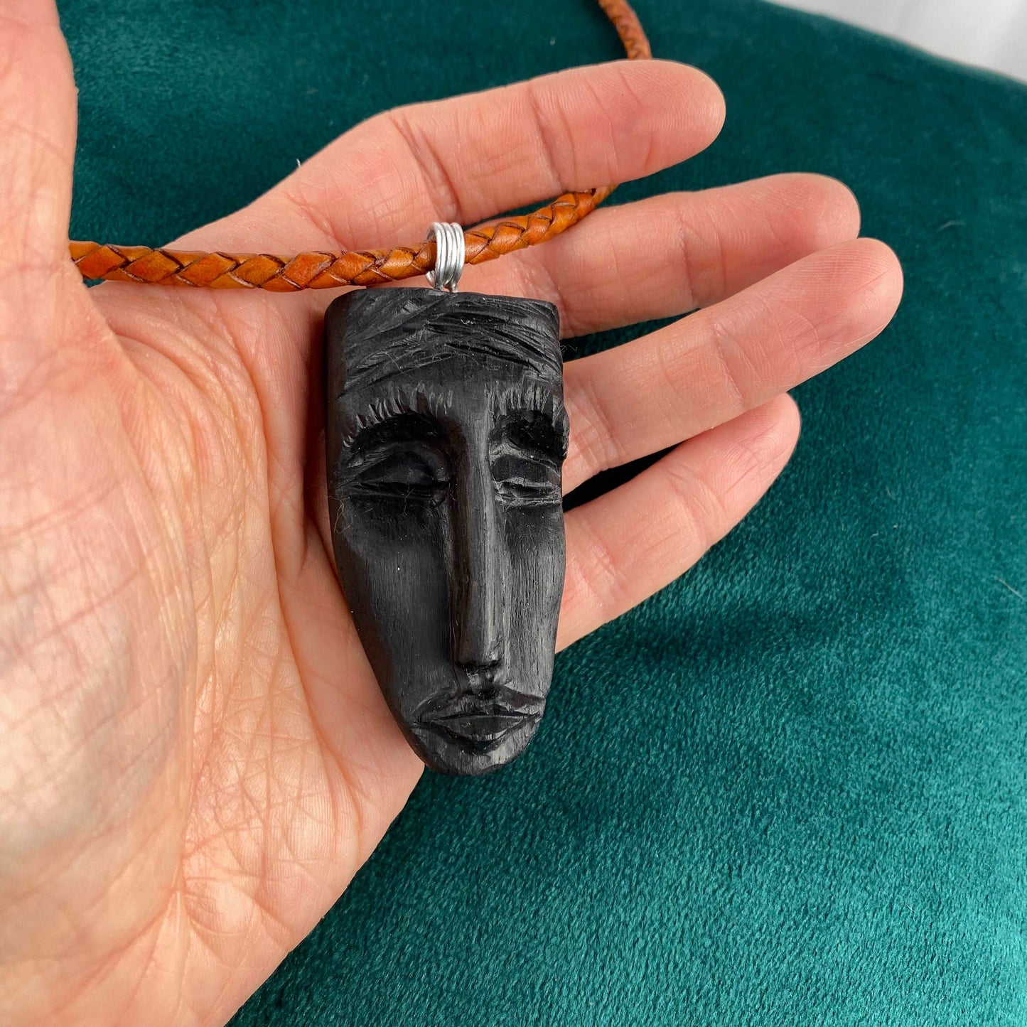 Irish Bog Oak Carved Face Necklace Gift - Handmade