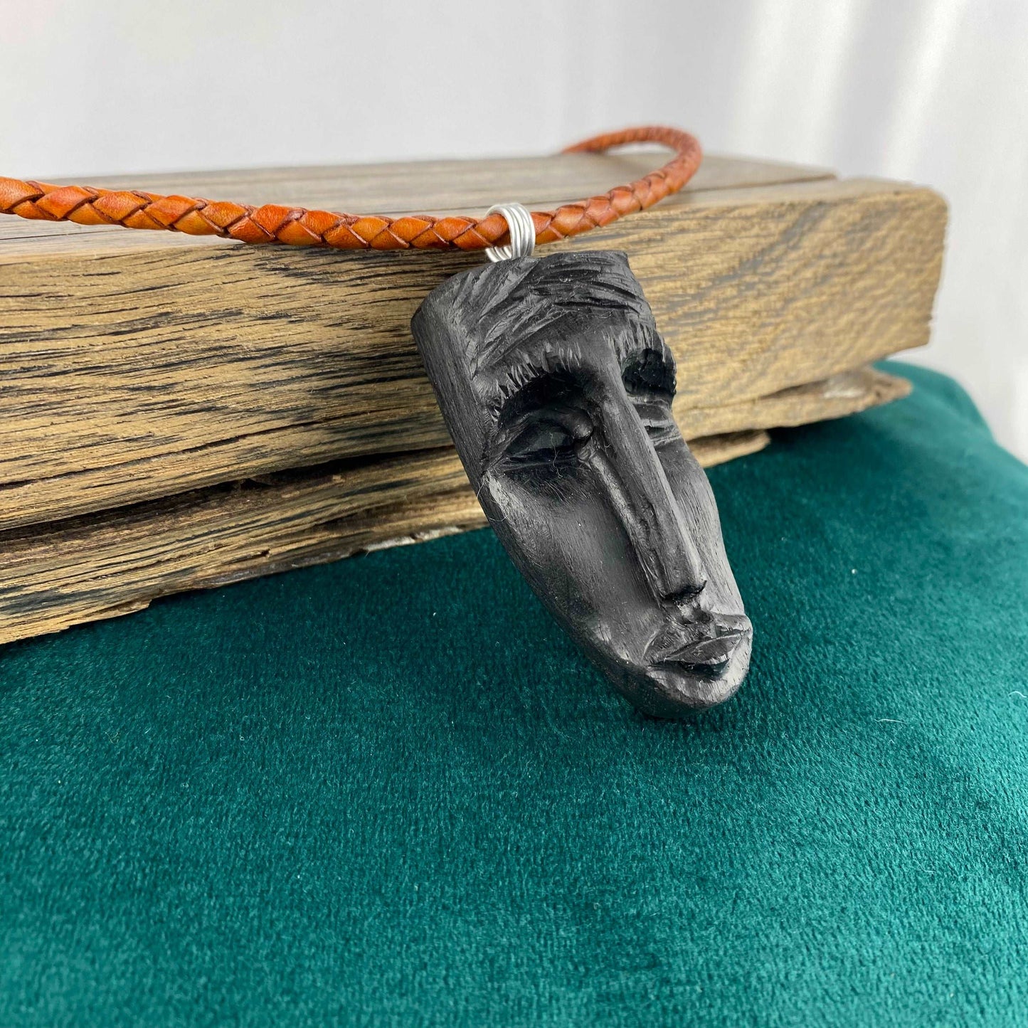 Irish Bog Oak Carved Face Necklace Gift - Handmade