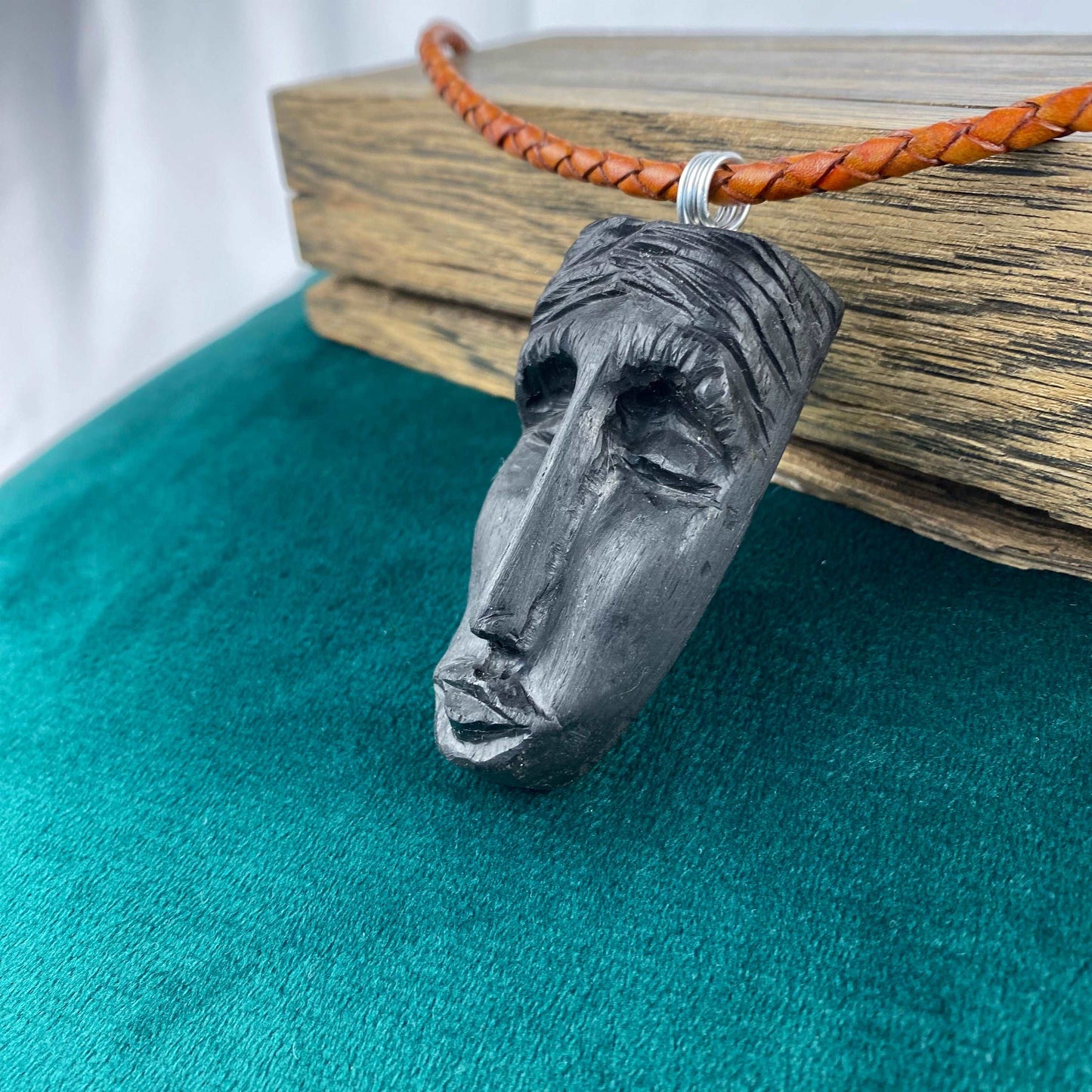 Irish Bog Oak Carved Face Necklace Gift - Handmade
