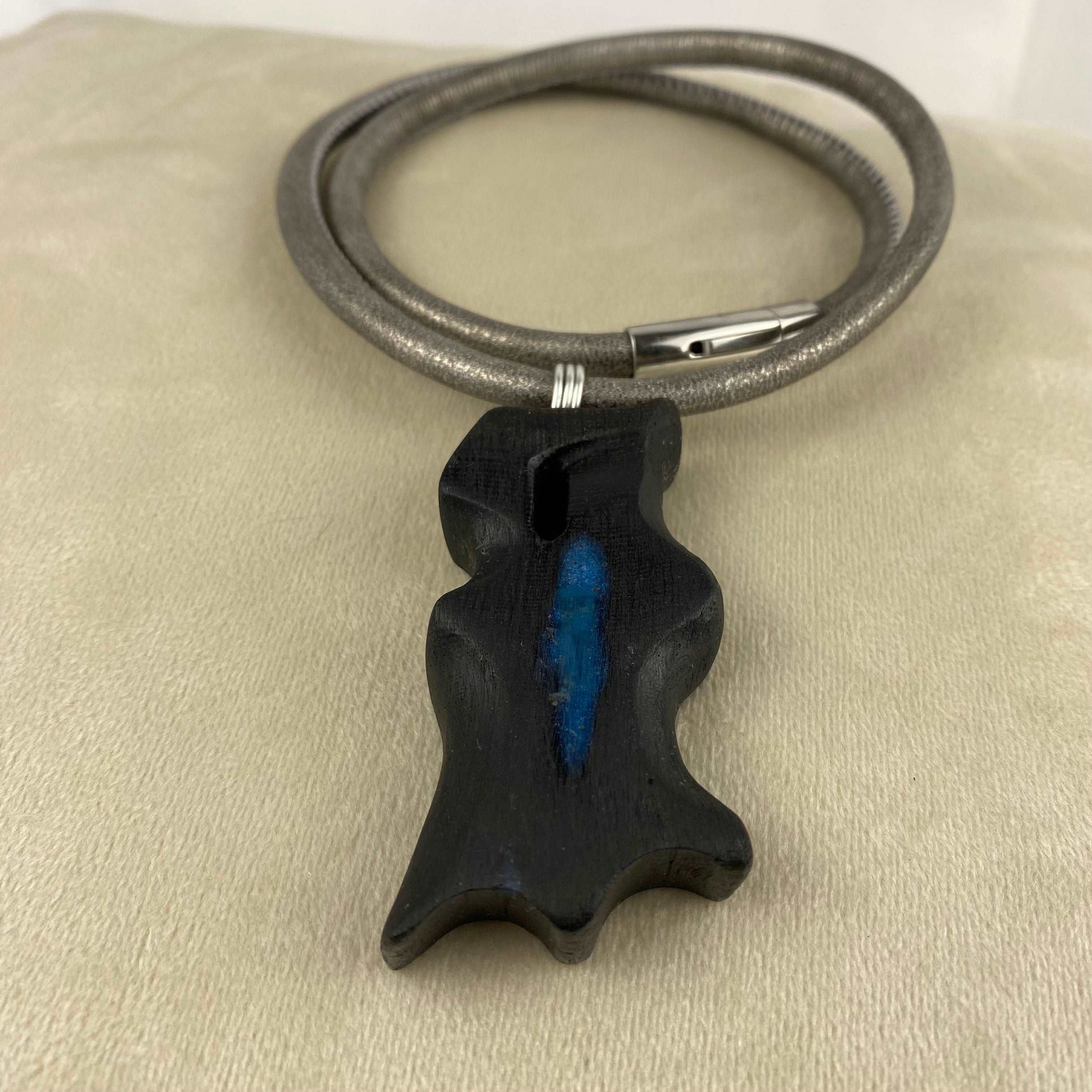 Irish Bog Oak Carved Necklace with Blue colour Resin Gift - Handmade