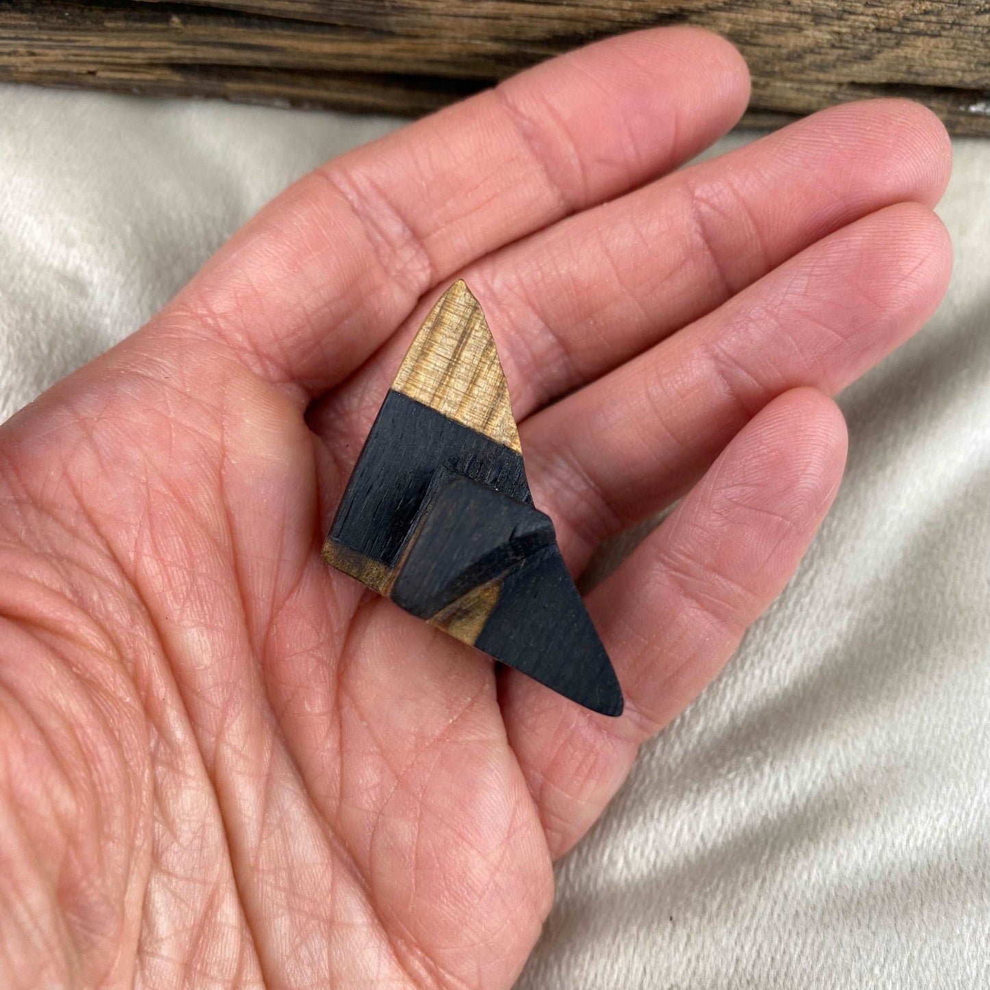 Irish Bog Oak and Pine Carved Triangle Brooch | Handmade