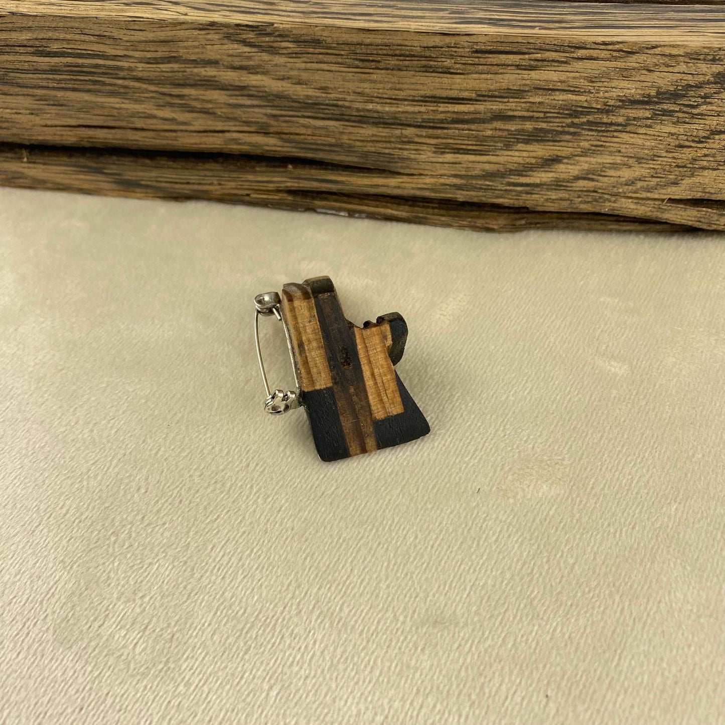 Irish Bog Oak and Pine Carved Triangle Brooch | Handmade