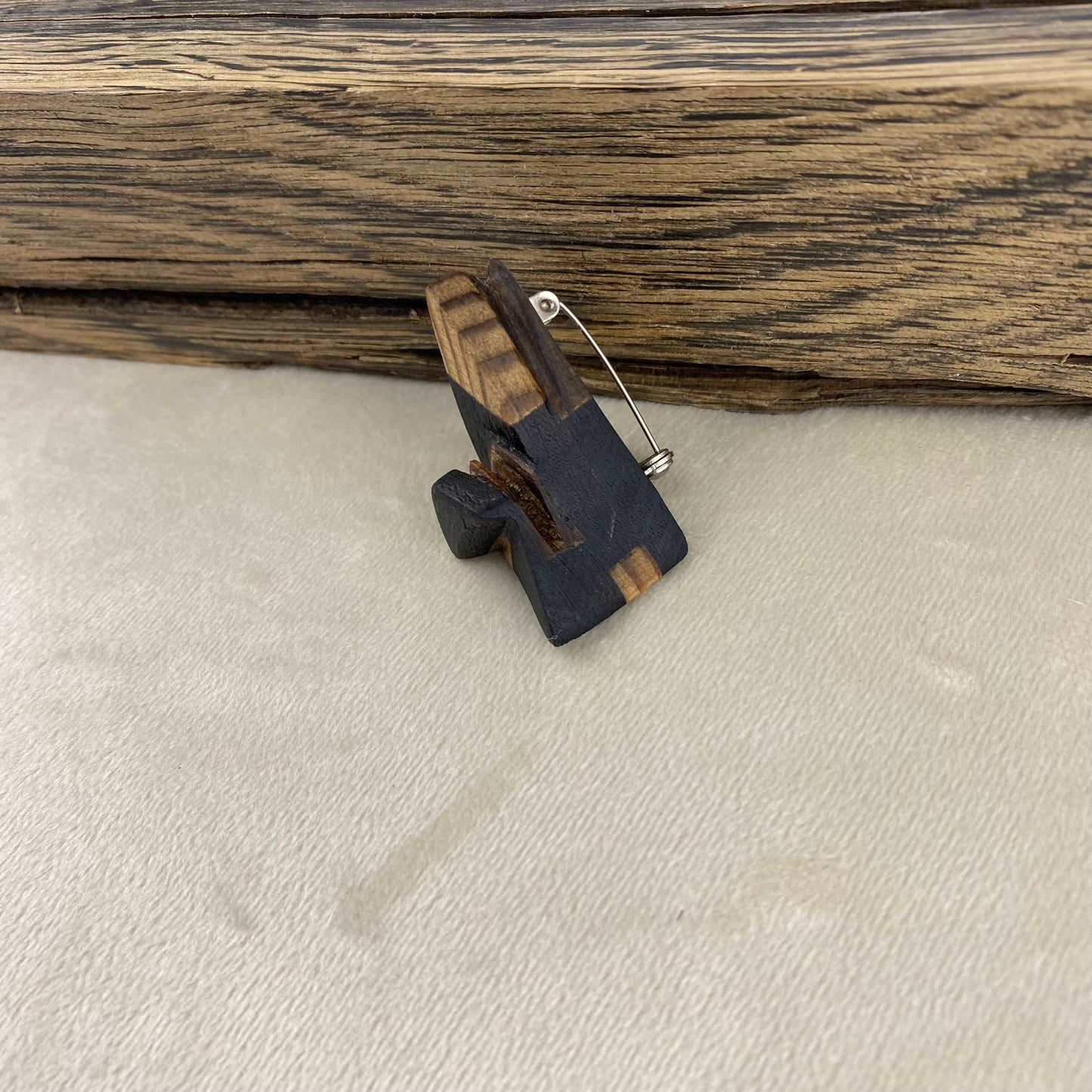 Irish Bog Oak and Pine Carved Triangle Brooch | Handmade