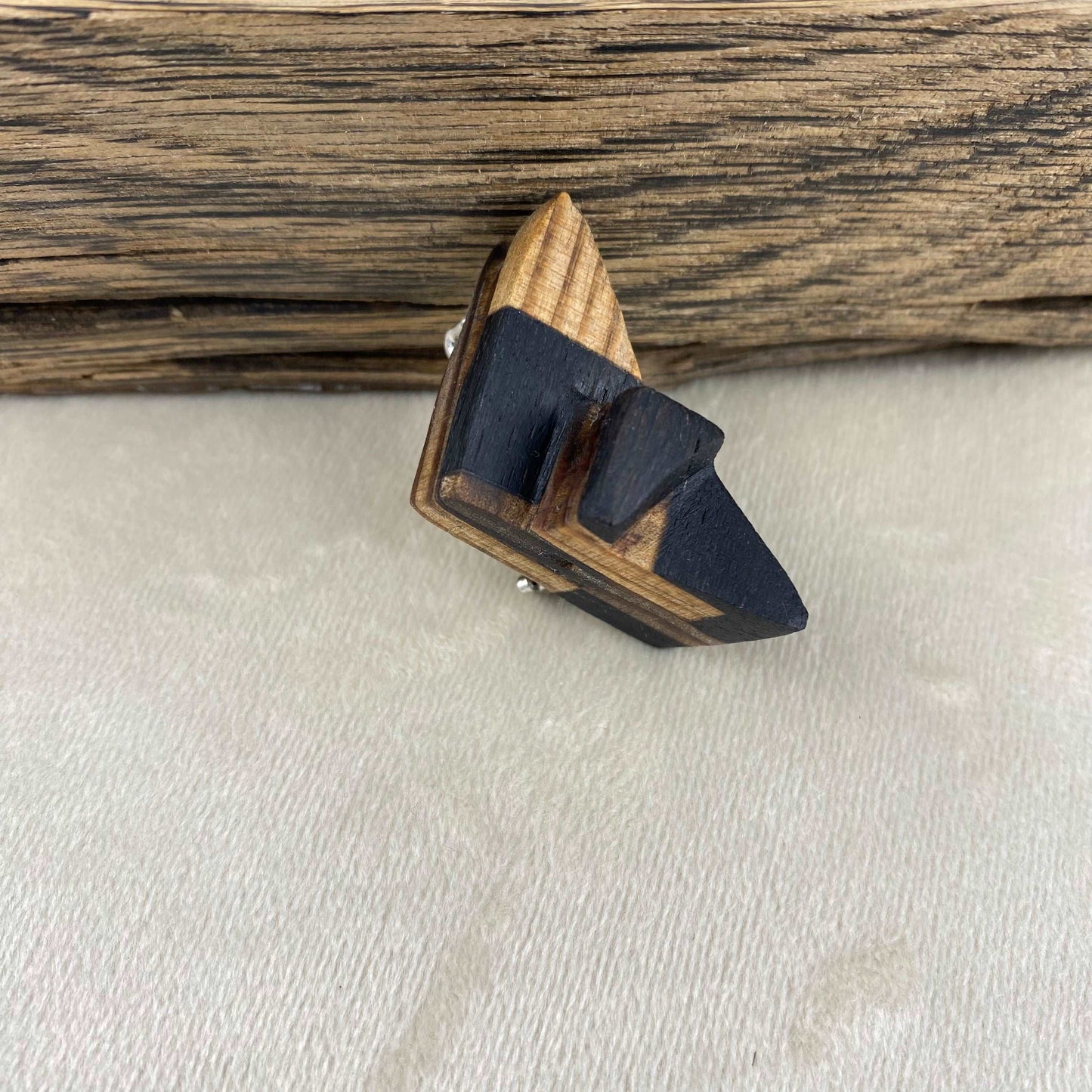 Irish Bog Oak and Pine Carved Triangle Brooch | Handmade