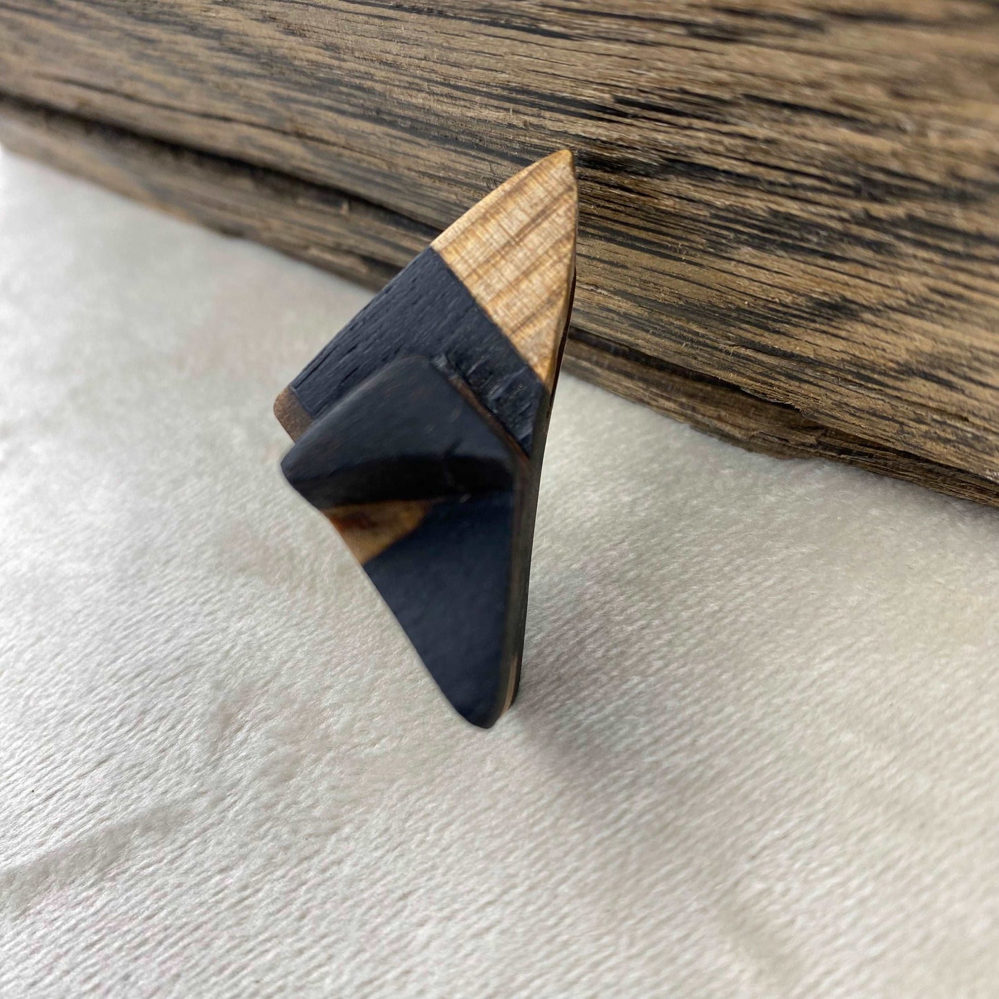 Irish Bog Oak and Pine Carved Triangle Brooch | Handmade