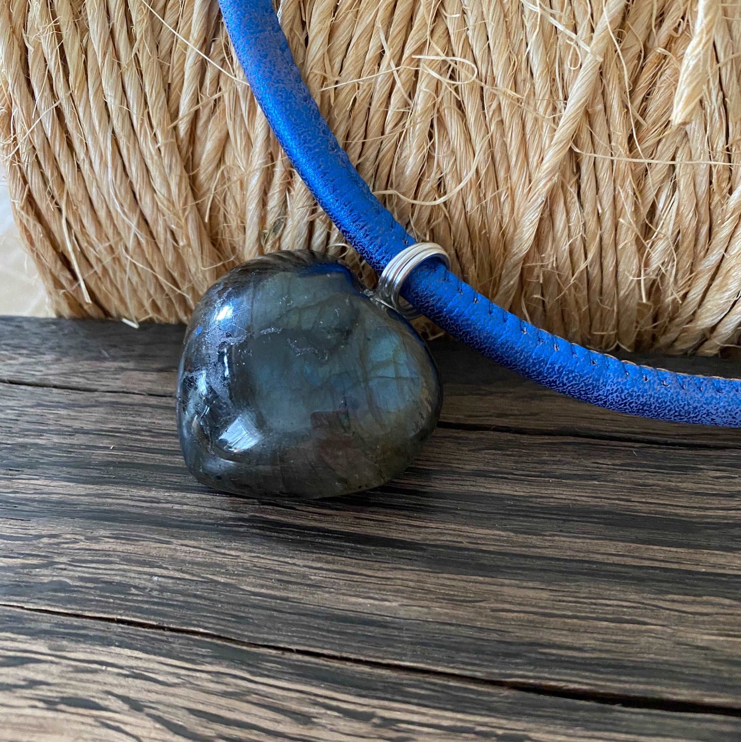 Heart Shaped Labradorite Crystal Necklace With Eco Leather Cord - Handmade