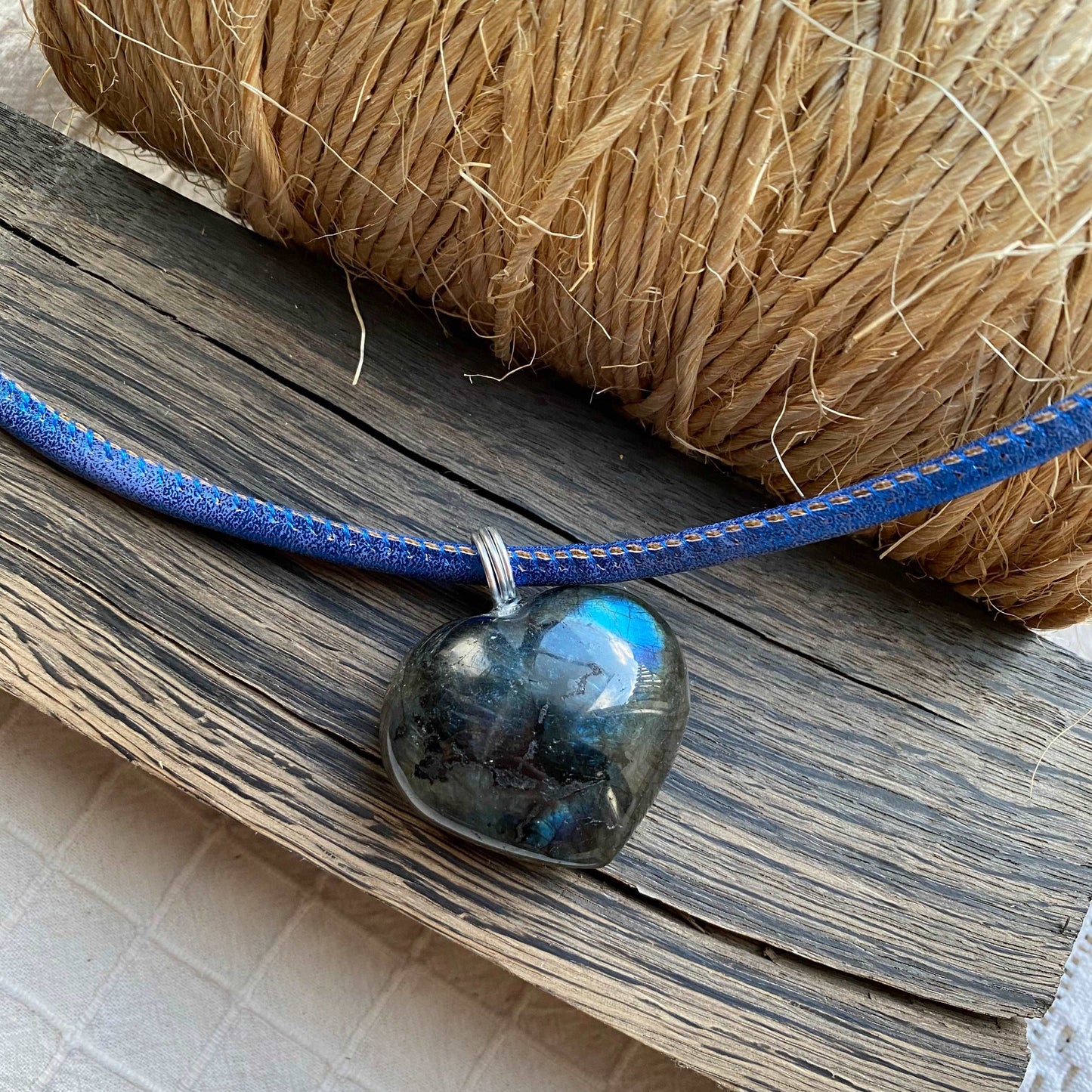 Heart Shaped Labradorite Crystal Necklace With Eco Leather Cord - Handmade