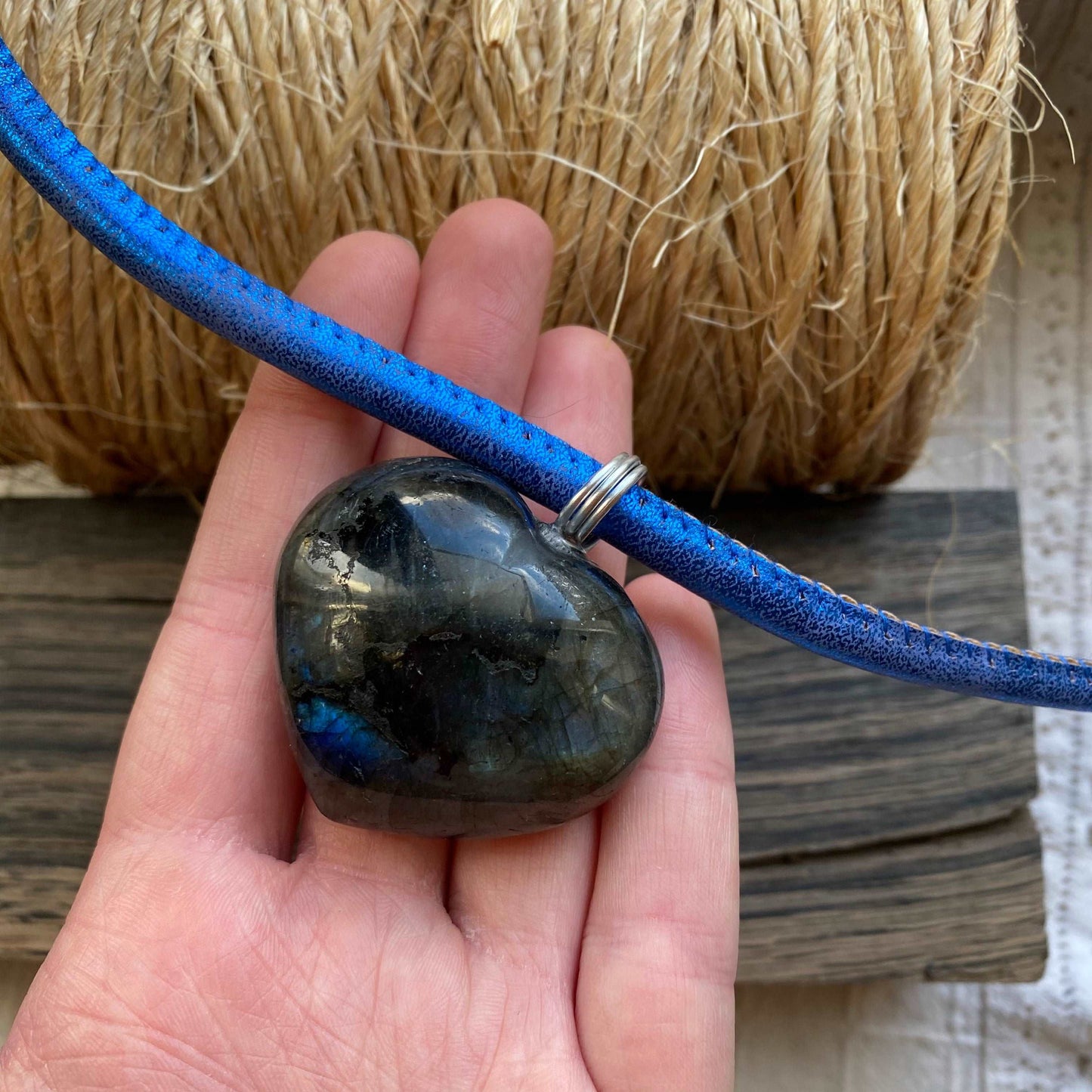 Heart Shaped Labradorite Crystal Necklace With Eco Leather Cord - Handmade