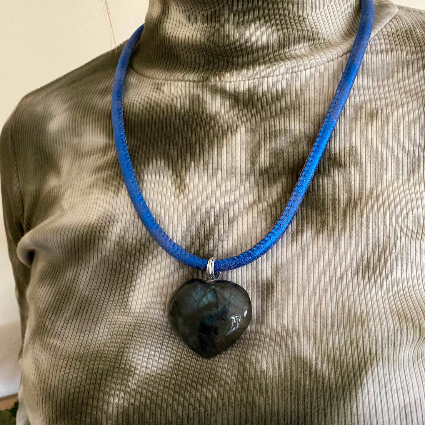 Heart Shaped Labradorite Crystal Necklace With Eco Leather Cord - Handmade
