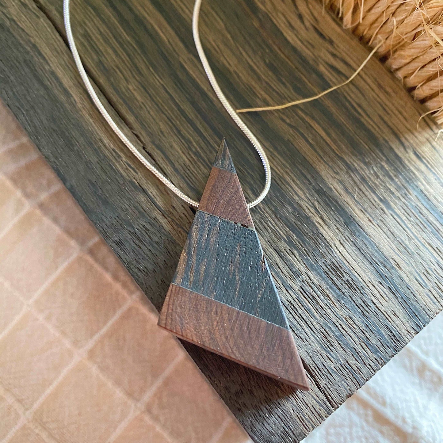 Irish Bog Oak & Yew Triangle Pendant Necklace on Silver Plated Chain - Handmade