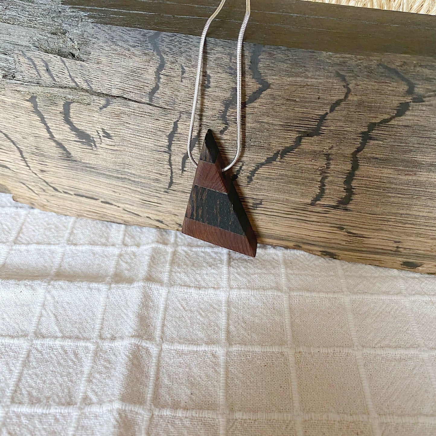 Irish Bog Oak & Yew Triangle Pendant Necklace on Silver Plated Chain - Handmade