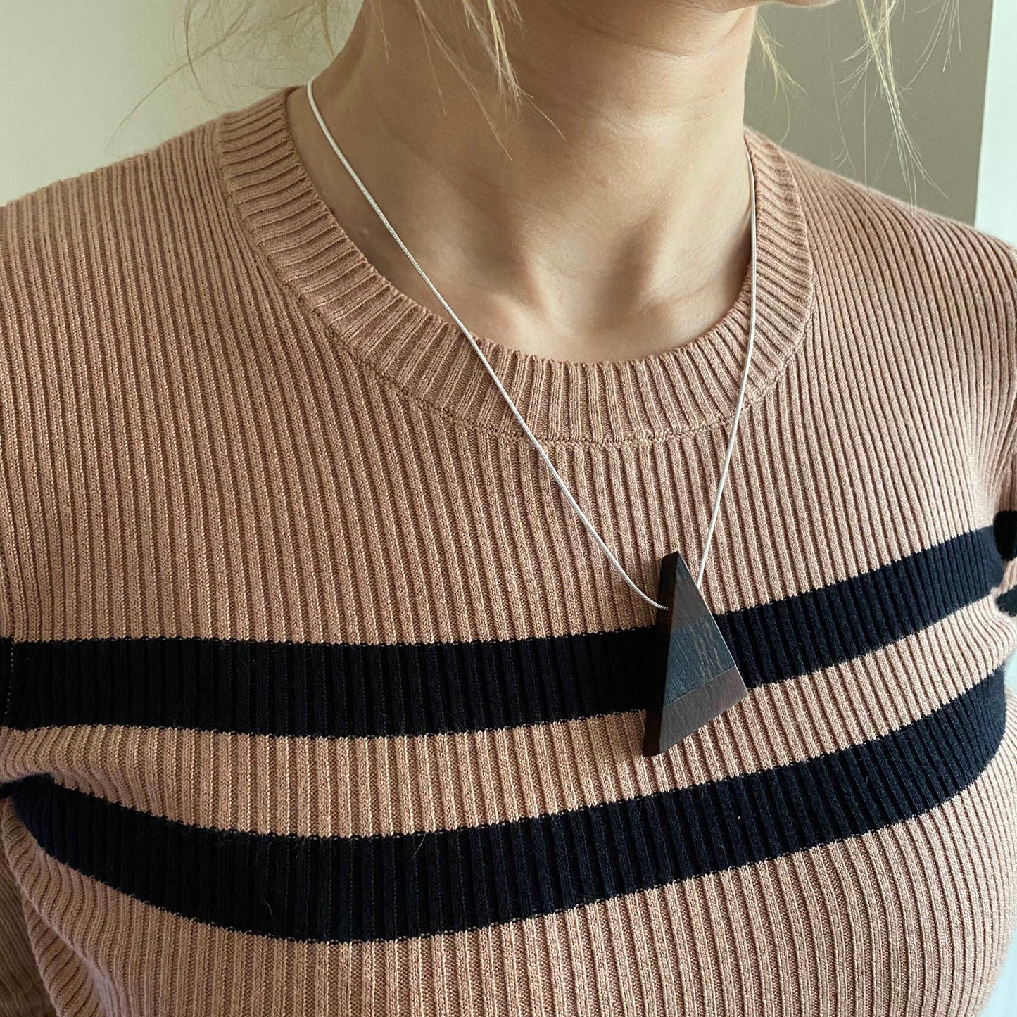 Irish Bog Oak & Yew Triangle Pendant Necklace on Silver Plated Chain - Handmade