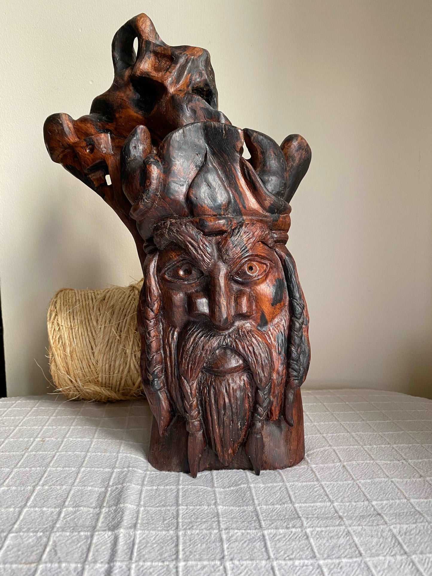 Hand Carved Odin Sculpture from Irish Bog Yew ranging in age from 3000 to 8000.