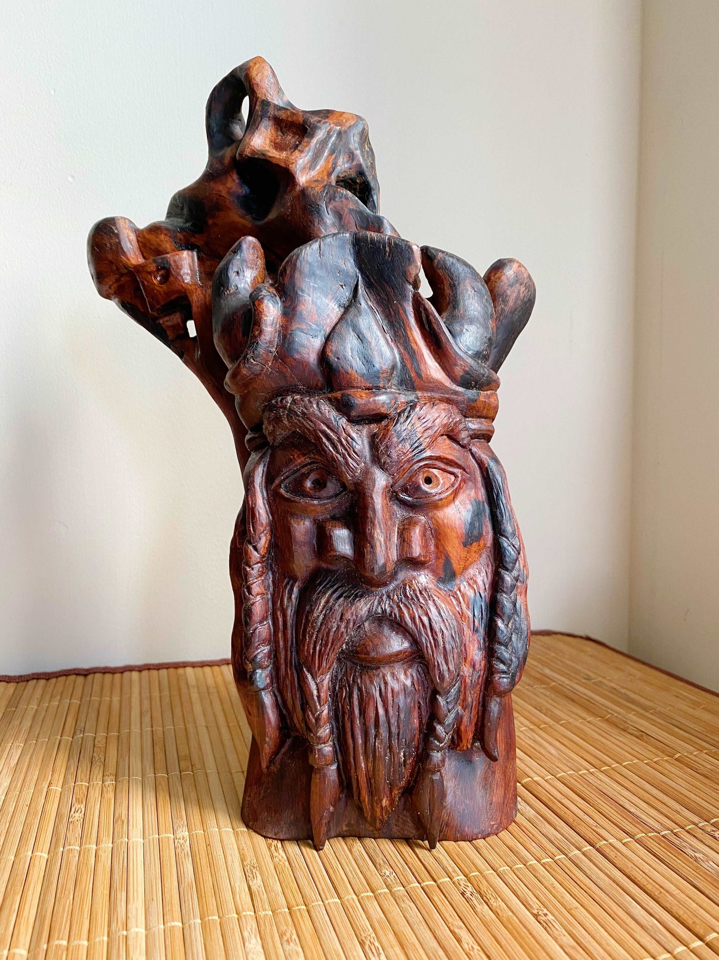 Hand Carved Odin Sculpture from Irish Bog Yew ranging in age from 3000 to 8000.