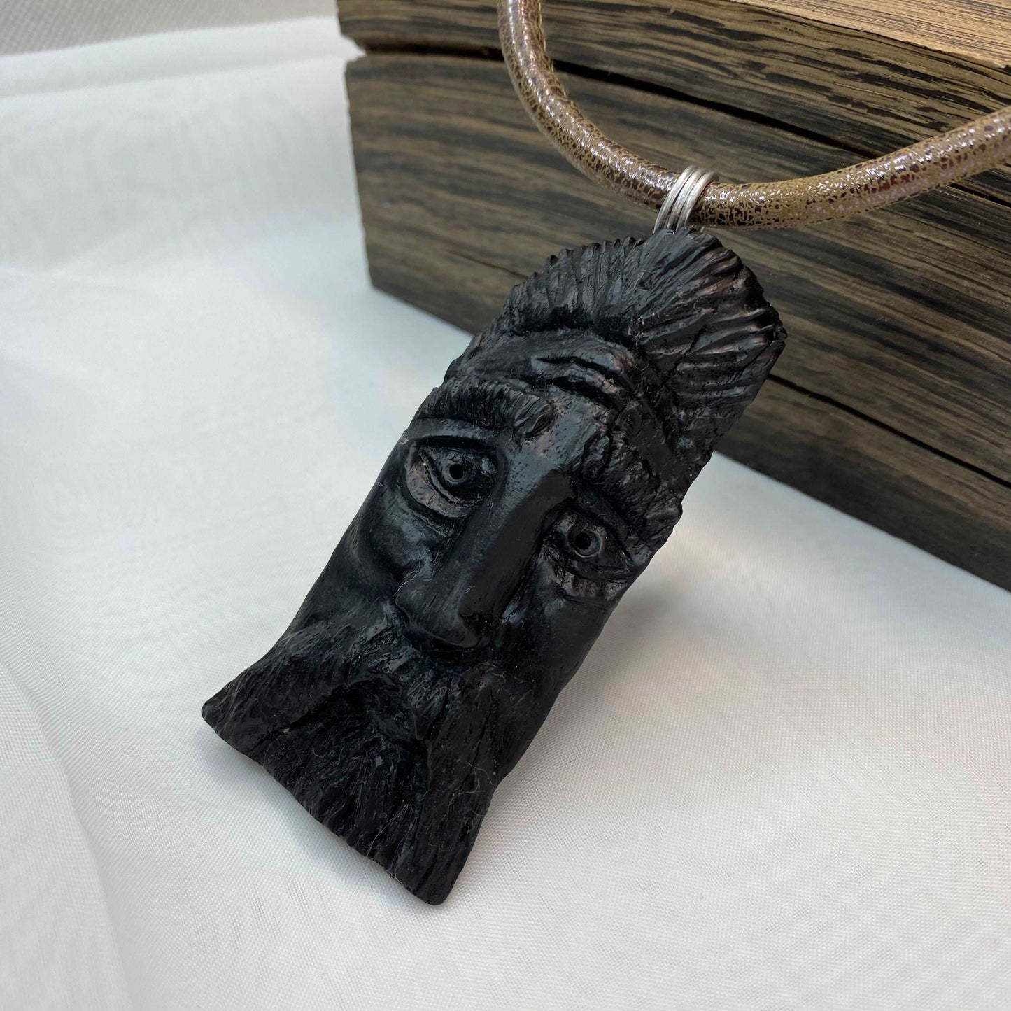 Irish Bog Oak Carved Face Necklace Gift - Handmade