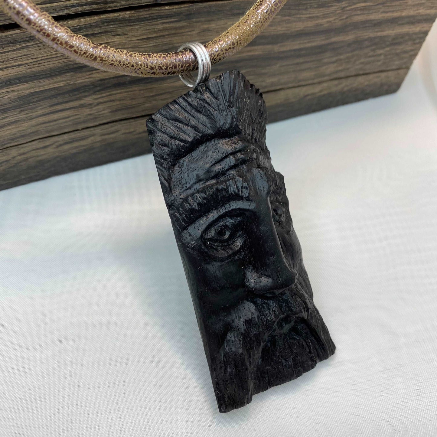 Irish Bog Oak Carved Face Necklace Gift - Handmade