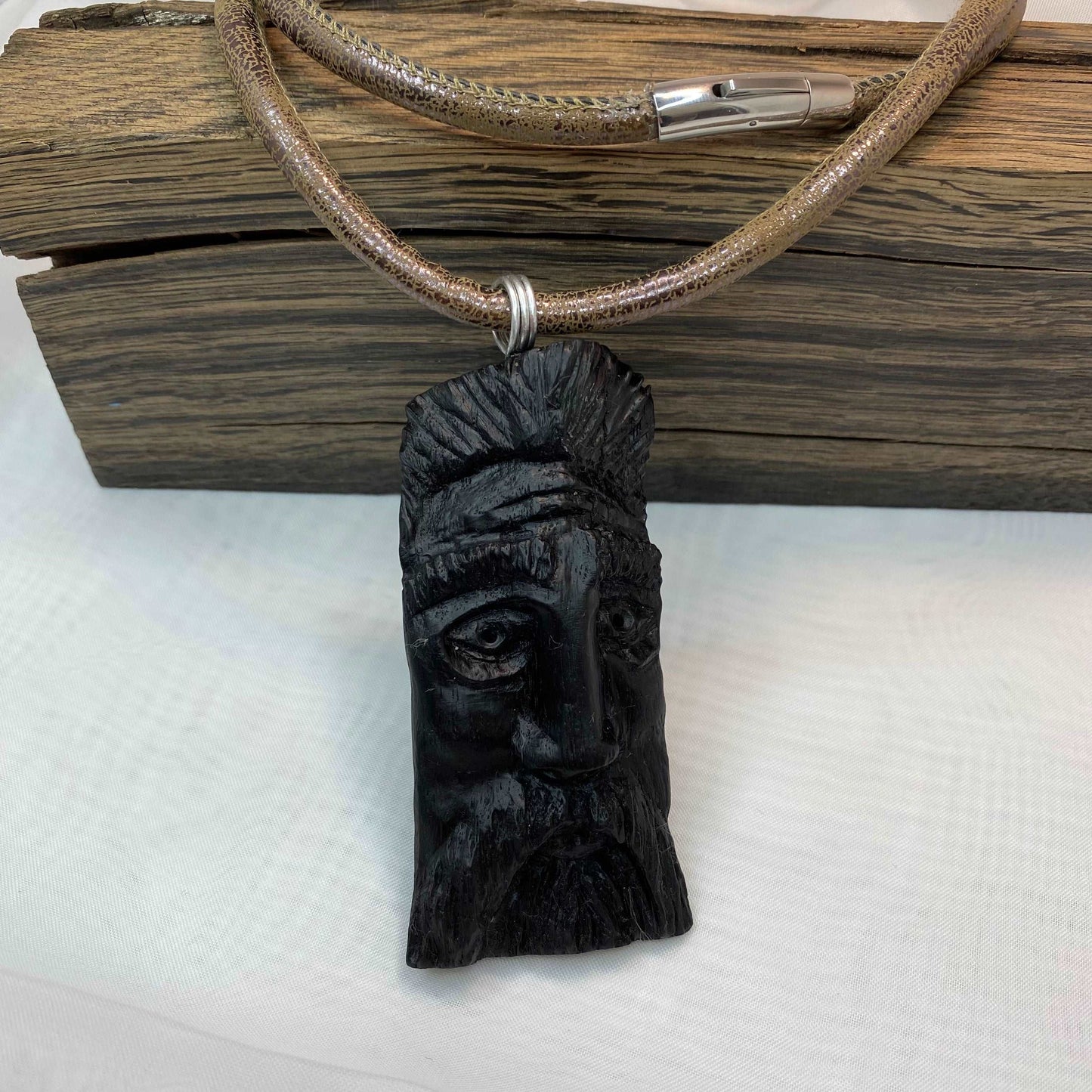 Irish Bog Oak Carved Face Necklace Gift - Handmade
