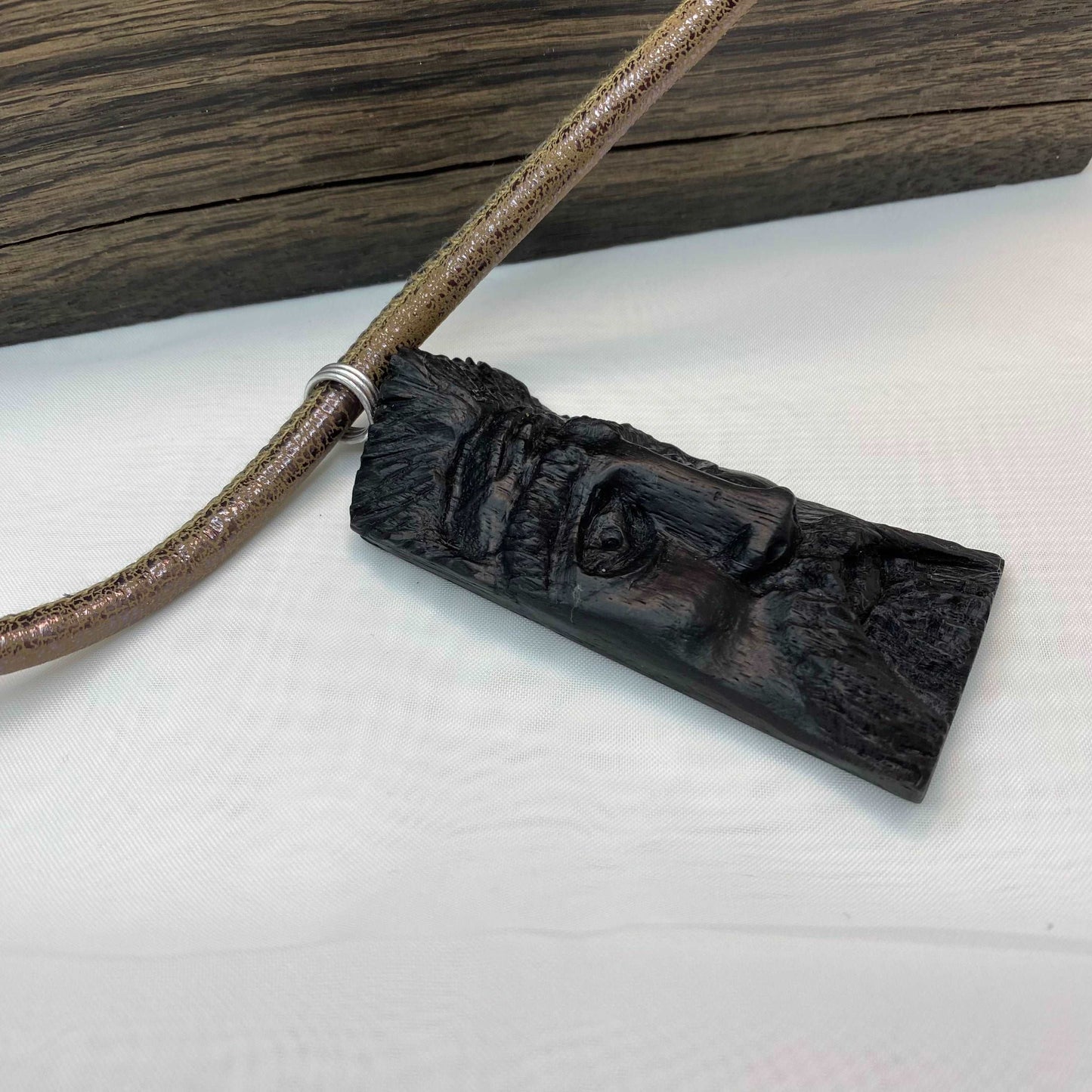 Irish Bog Oak Carved Face Necklace Gift - Handmade