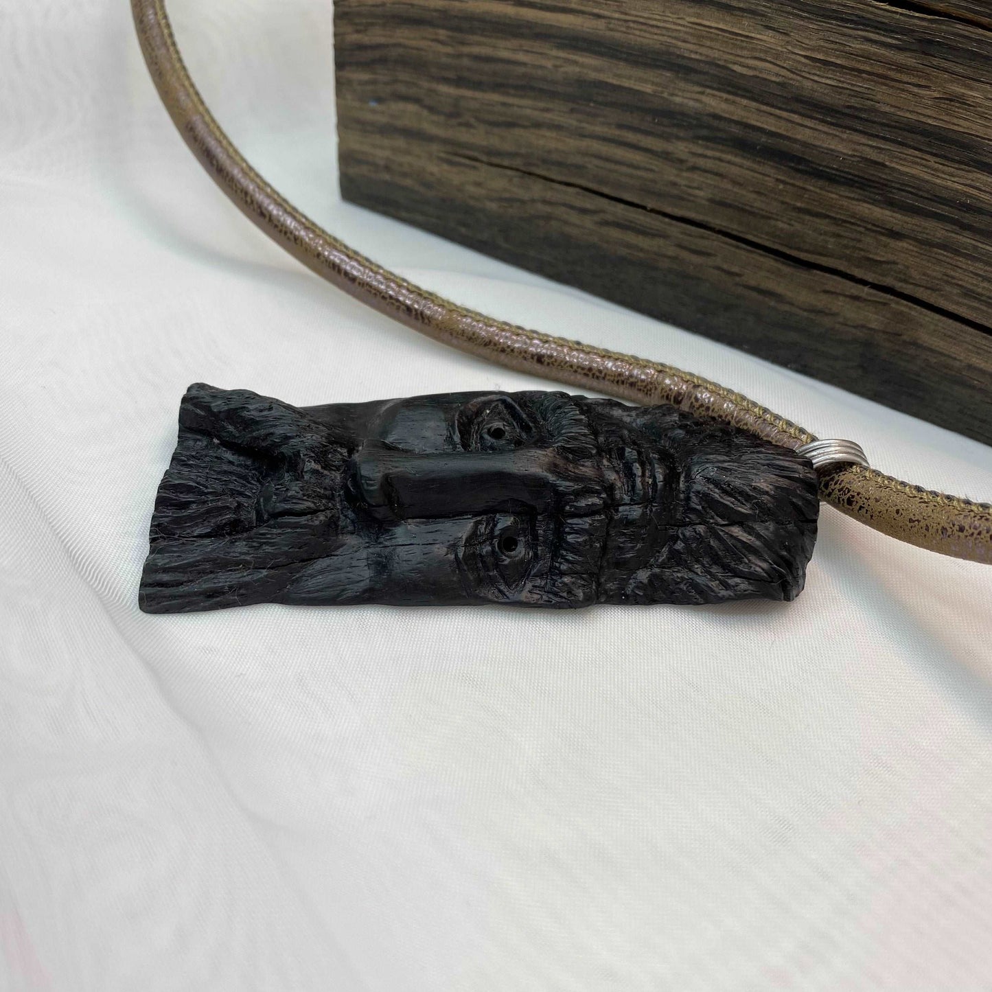 Irish Bog Oak Carved Face Necklace Gift - Handmade