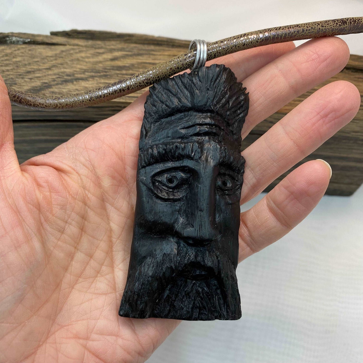 Irish Bog Oak Carved Face Necklace Gift - Handmade
