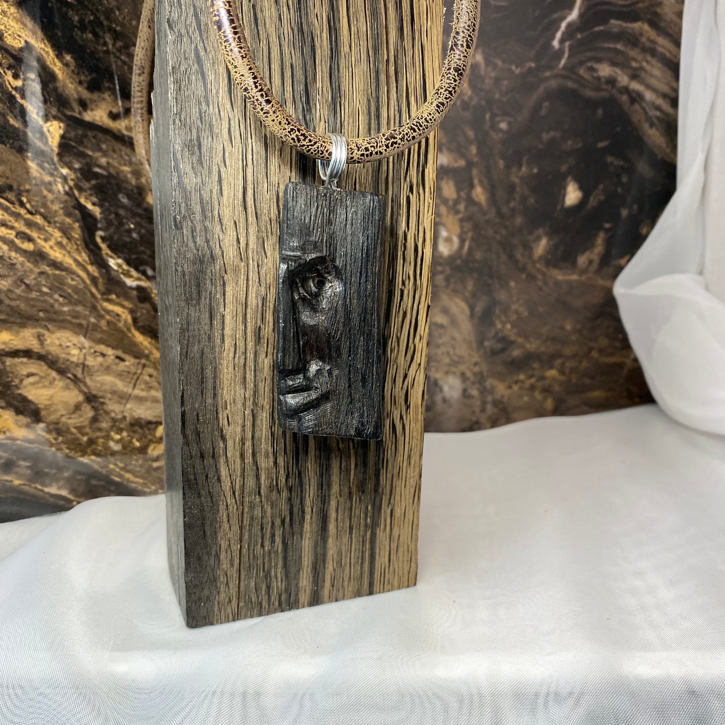Irish Bog Oak Raw Carved Face Pendant - Handmade