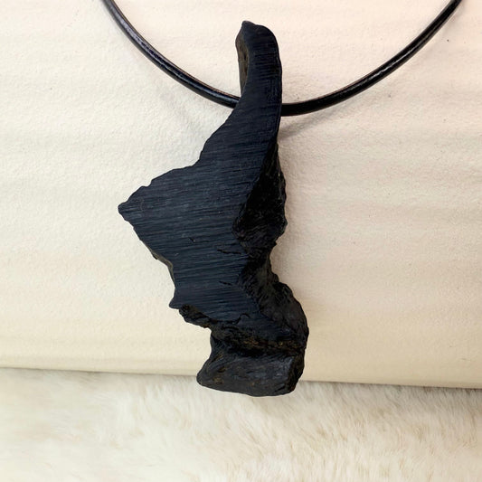 Raw Bog Oak Necklace – Natural Ancient Wood Pendant on Leather Cord