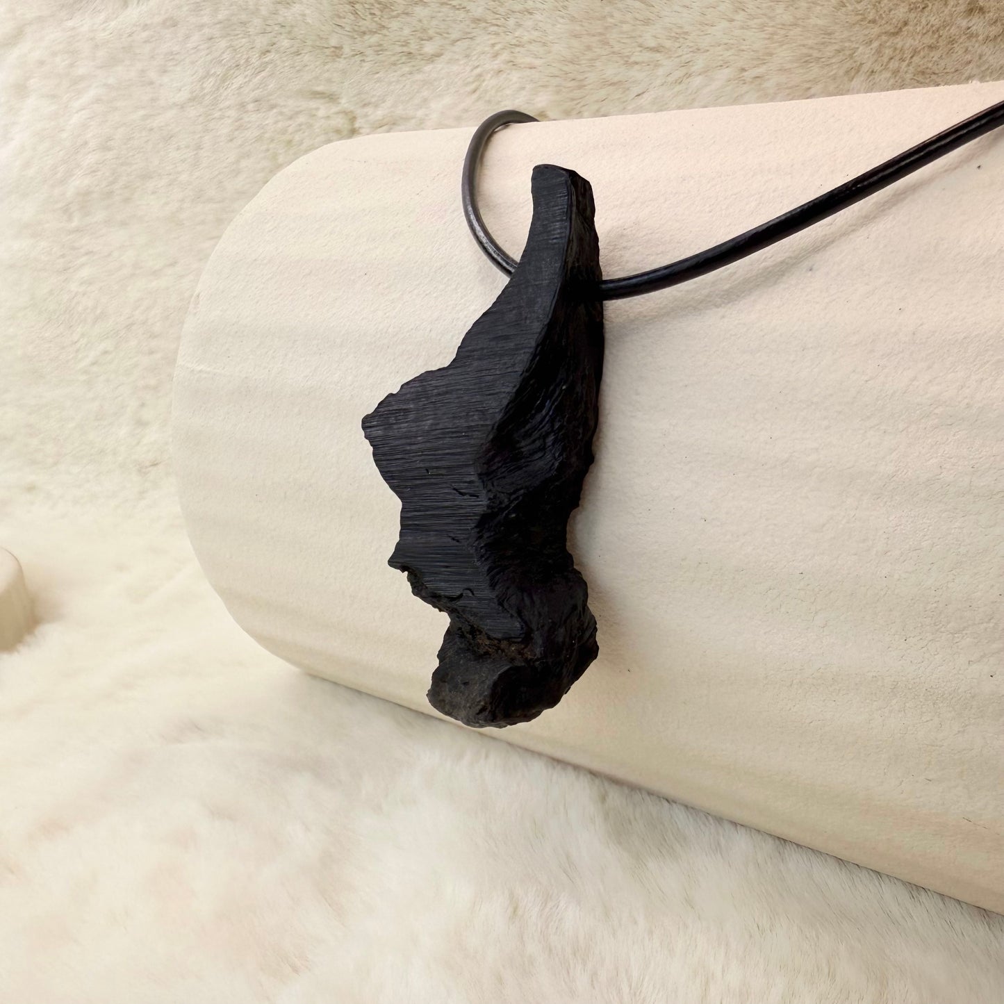 Raw Bog Oak Necklace – Natural Ancient Wood Pendant on Leather Cord