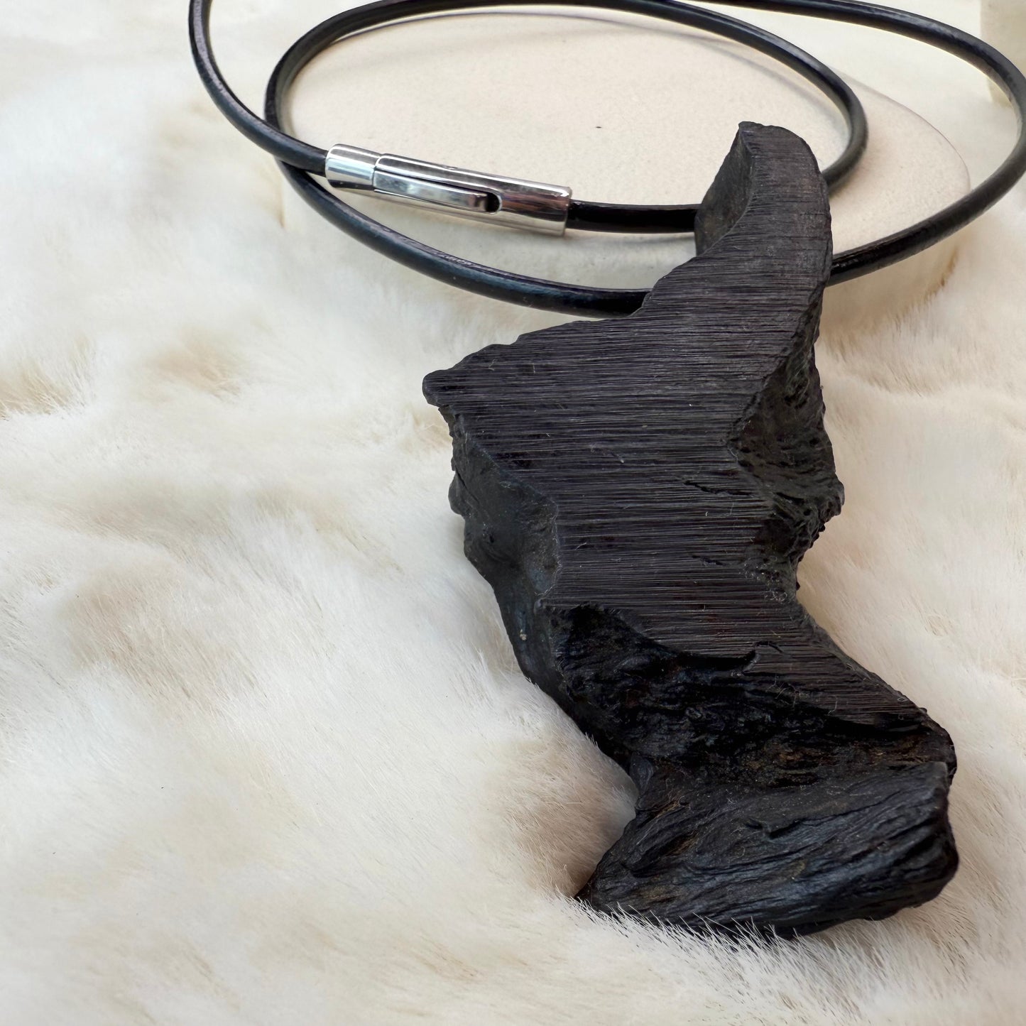 Raw Bog Oak Necklace – Natural Ancient Wood Pendant on Leather Cord