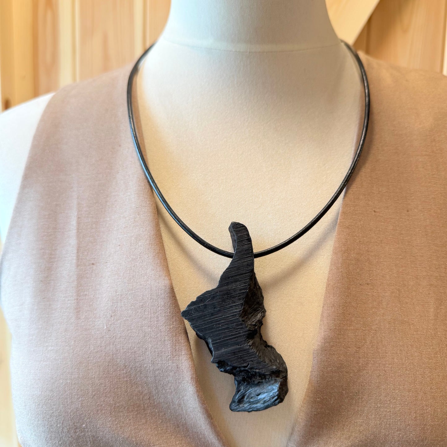 Raw Bog Oak Necklace – Natural Ancient Wood Pendant on Leather Cord