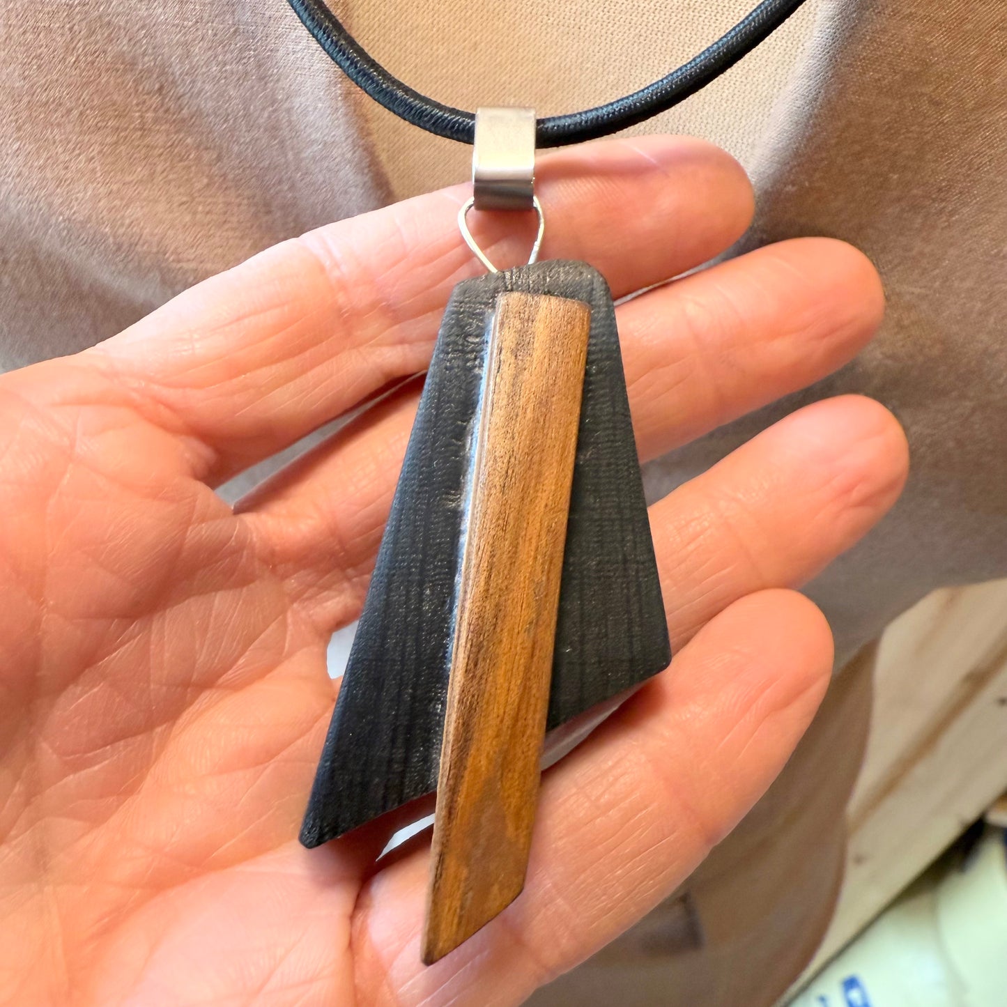 Unisex wooden necklace with stainless steel clasp on 3mm rubber cord