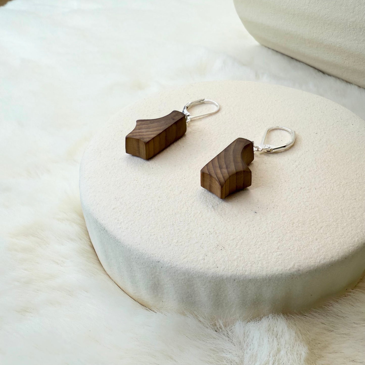 Wooden earrings with silver hooks on a white stone surface